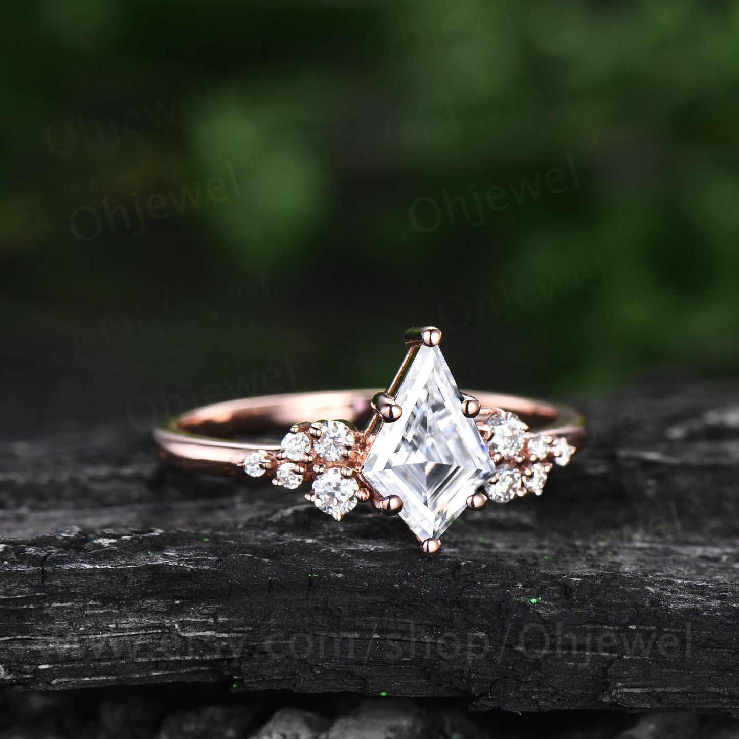 Moissanite engagement ring set kite cut ring rose gold vintage unique snowdrift engagement ring six prong diamond bridal ring set for women