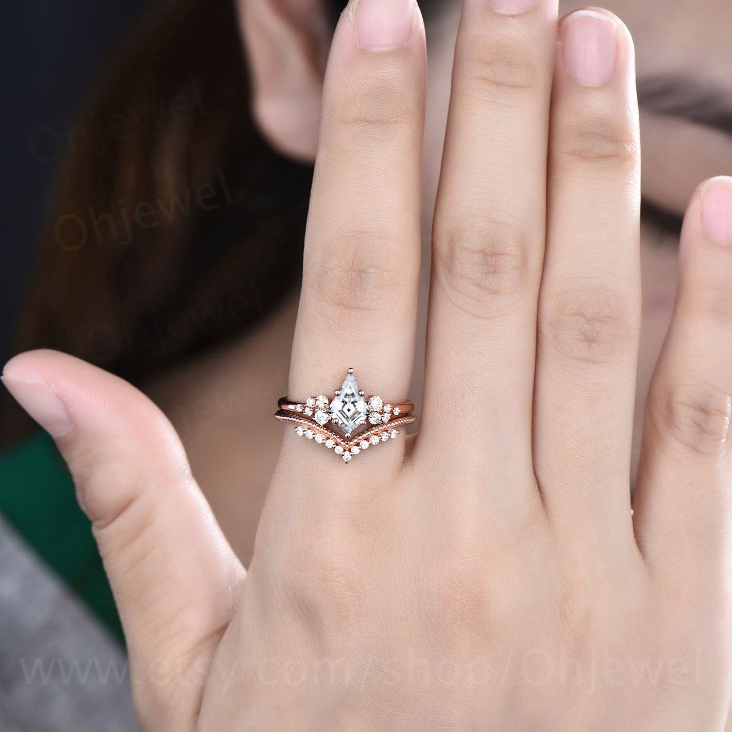Moissanite engagement ring set kite cut ring rose gold vintage unique snowdrift engagement ring six prong diamond bridal ring set for women