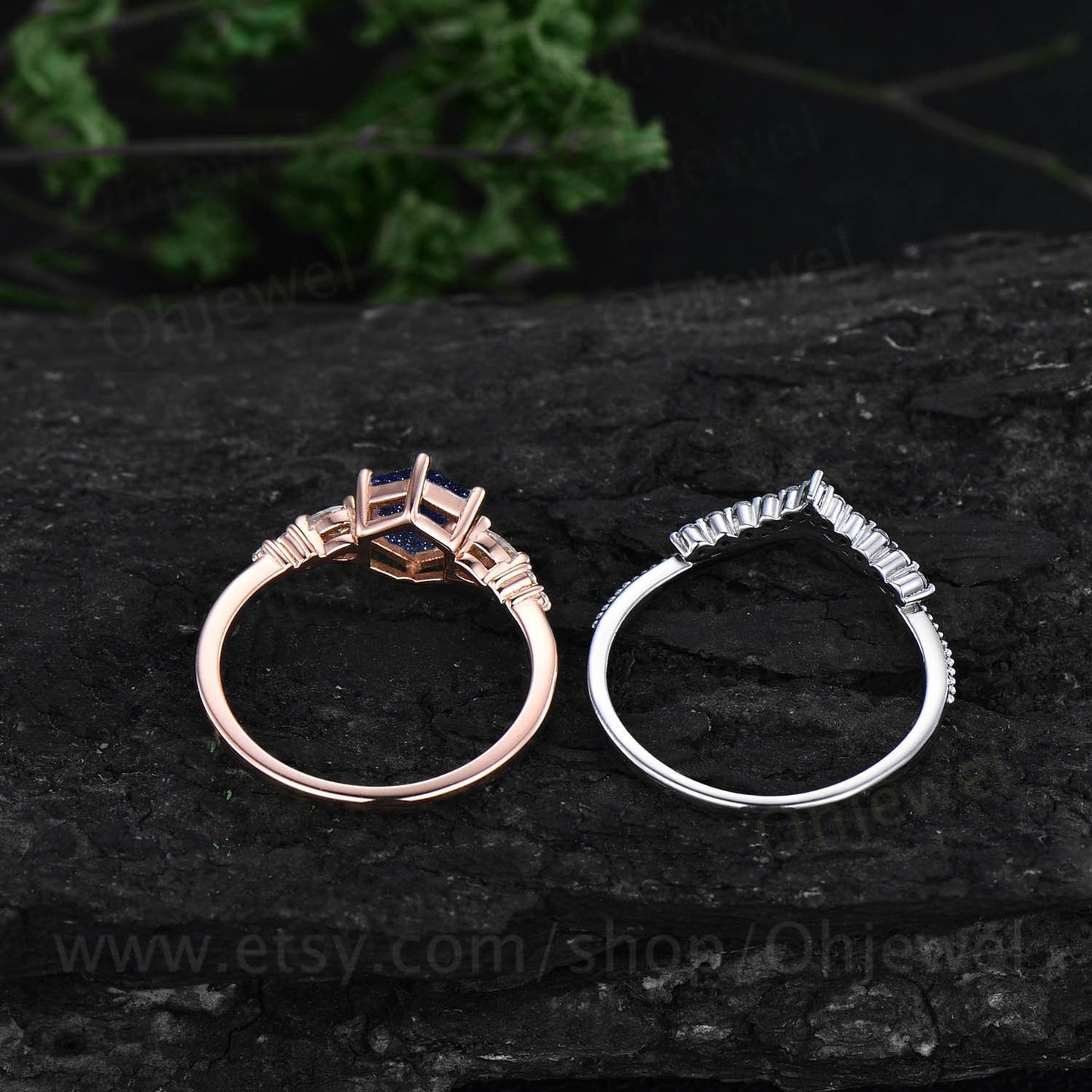Hexagon cut blue sandstone ring vintage unique blue sandstone engagement ring set 14k rose gold dainty moissanite wedding ring set for women