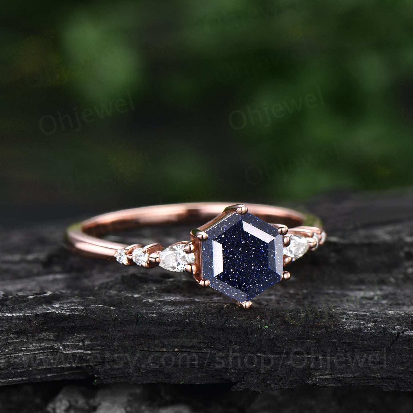 Hexagon cut blue sandstone ring vintage unique blue sandstone engagement ring set 14k rose gold dainty moissanite wedding ring set for women