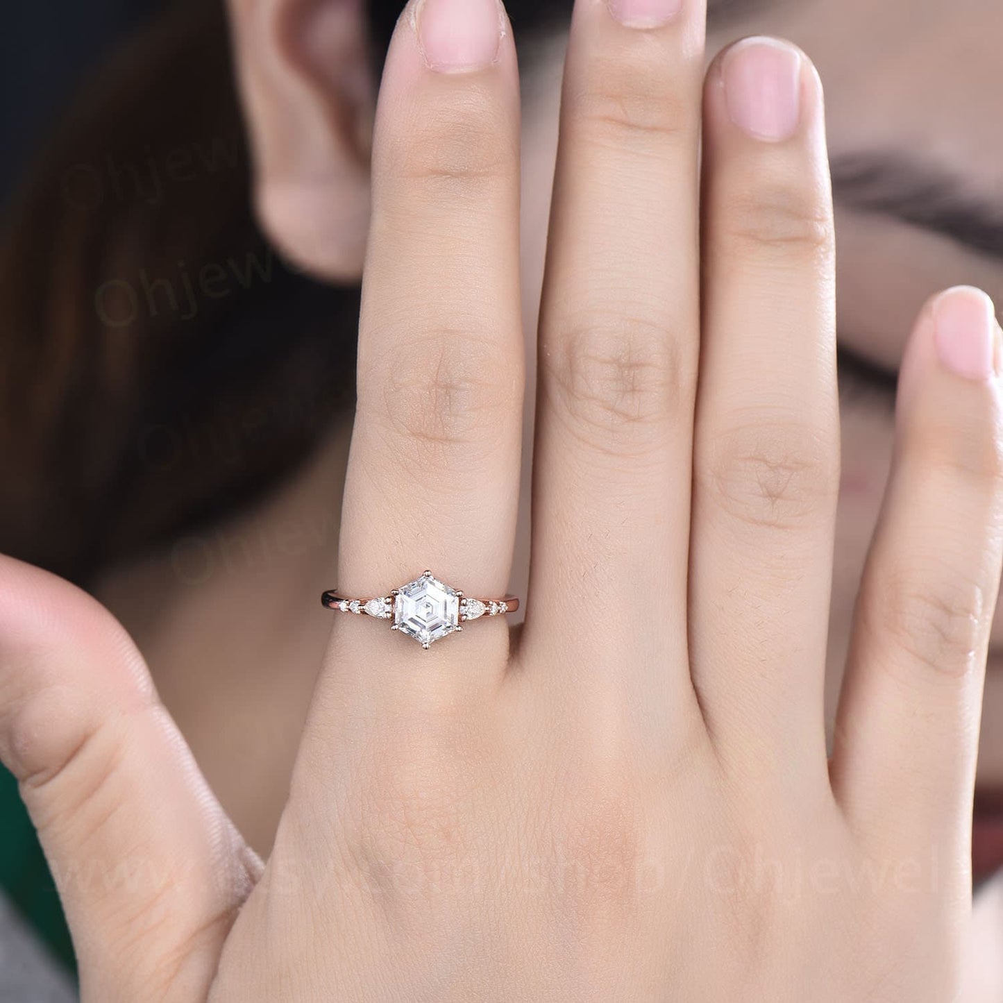 Hexagon cut moissanite ring rose gold sterling silver vintage unique moissanite engagement ring set six prong dainty bridal ring set women