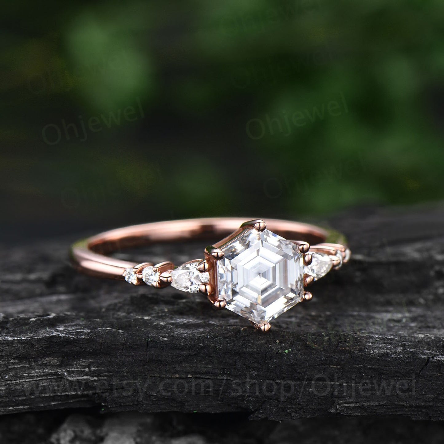 Hexagon cut moissanite ring rose gold sterling silver vintage unique moissanite engagement ring set six prong dainty bridal ring set women