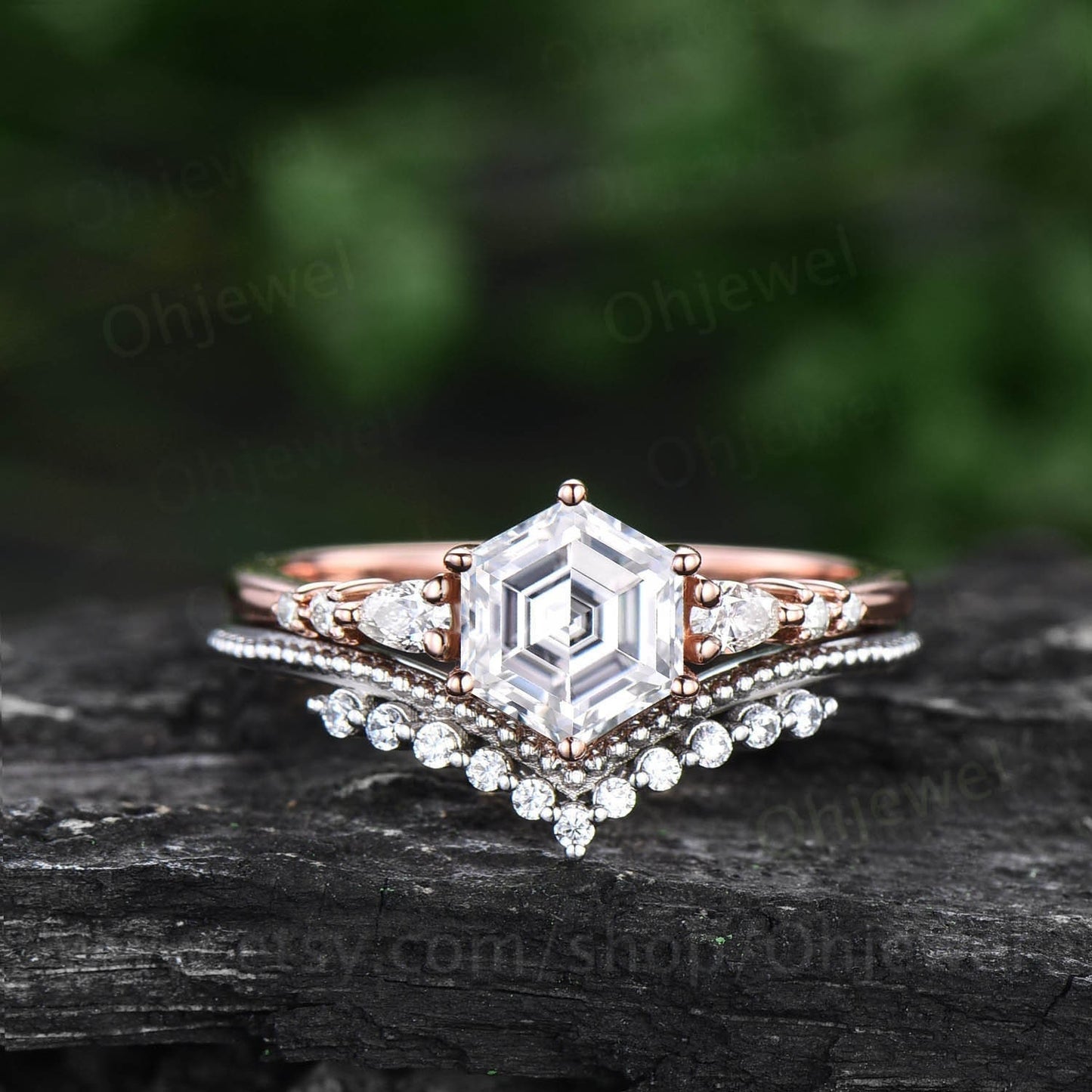 Hexagon cut moissanite ring rose gold sterling silver vintage unique moissanite engagement ring set six prong dainty bridal ring set women