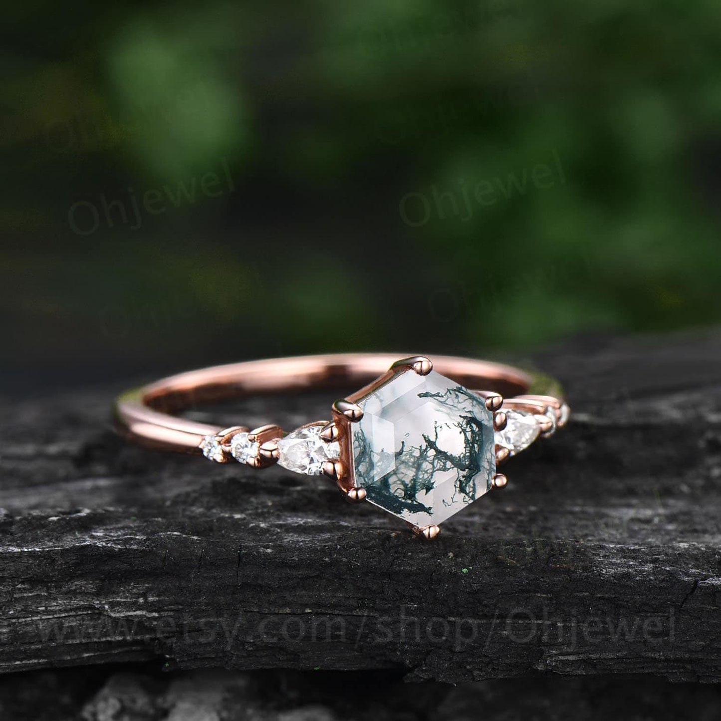 Hexagon cut green moss agate ring vintage unique moss agate engagement ring set 14k rose gold dainty moissanite wedding ring set for women