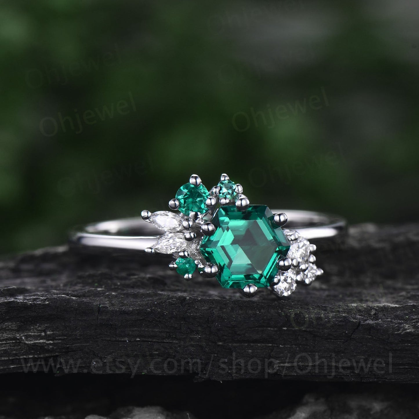 Hexagon cut emerald ring gold silver for women cluster vintage unique emerald engagement ring art deco moissanite bridal wedding ring gifts