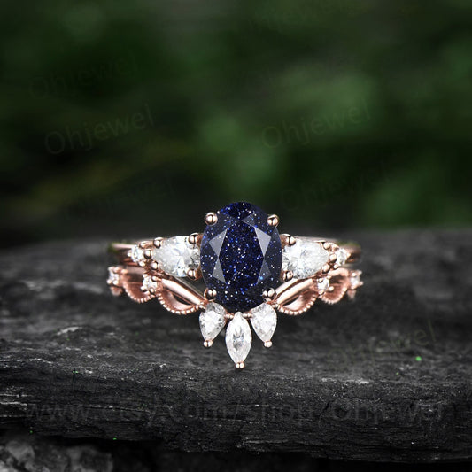 Oval cut blue sandstone ring set gold vintage unique blue sandstone  engagement ring set pear shaped moissanite bridal ring set for women