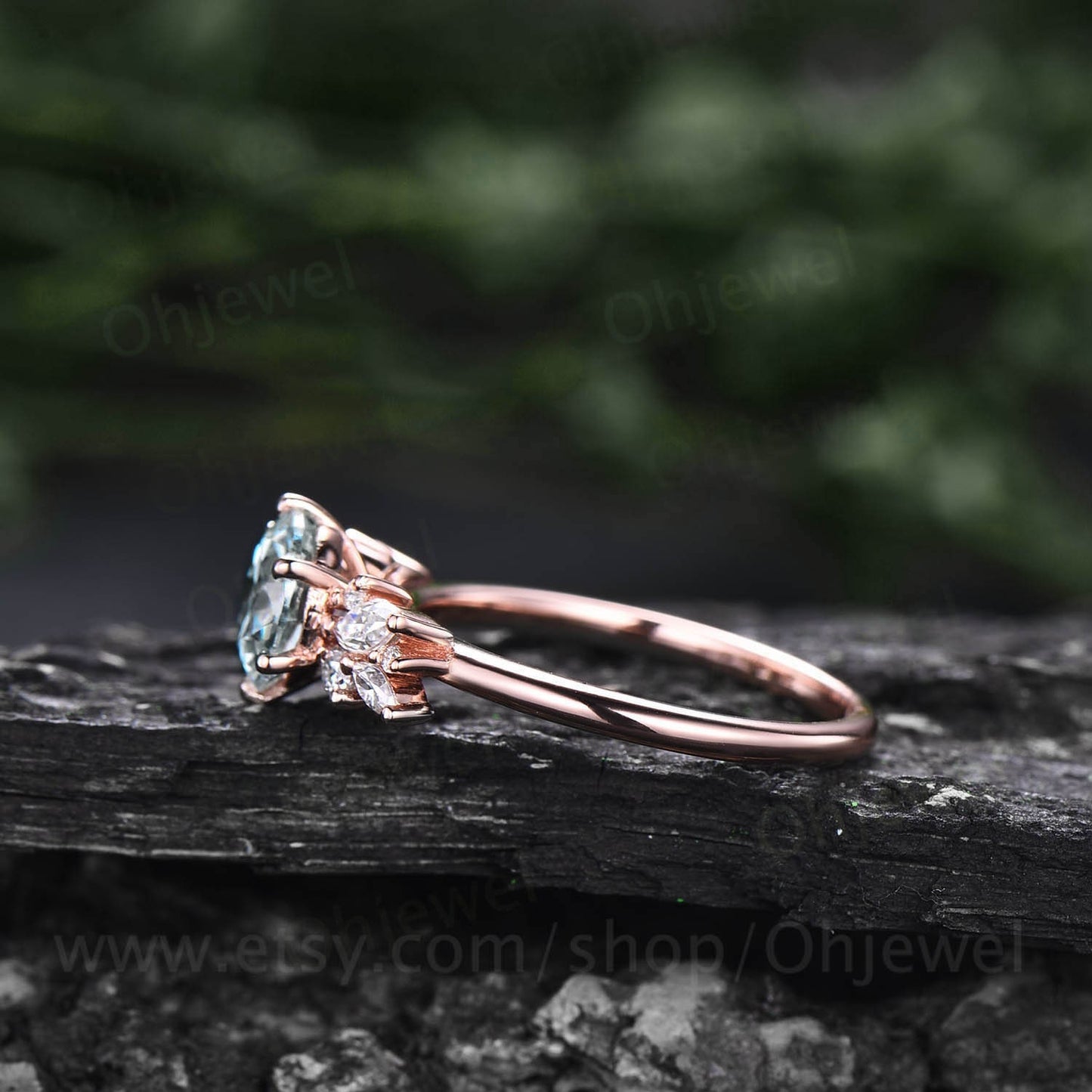 Round cut moss agate ring vintage unique cluster green moss agate engagement ring 14k rose gold marquise cut diamond wedding ring for women