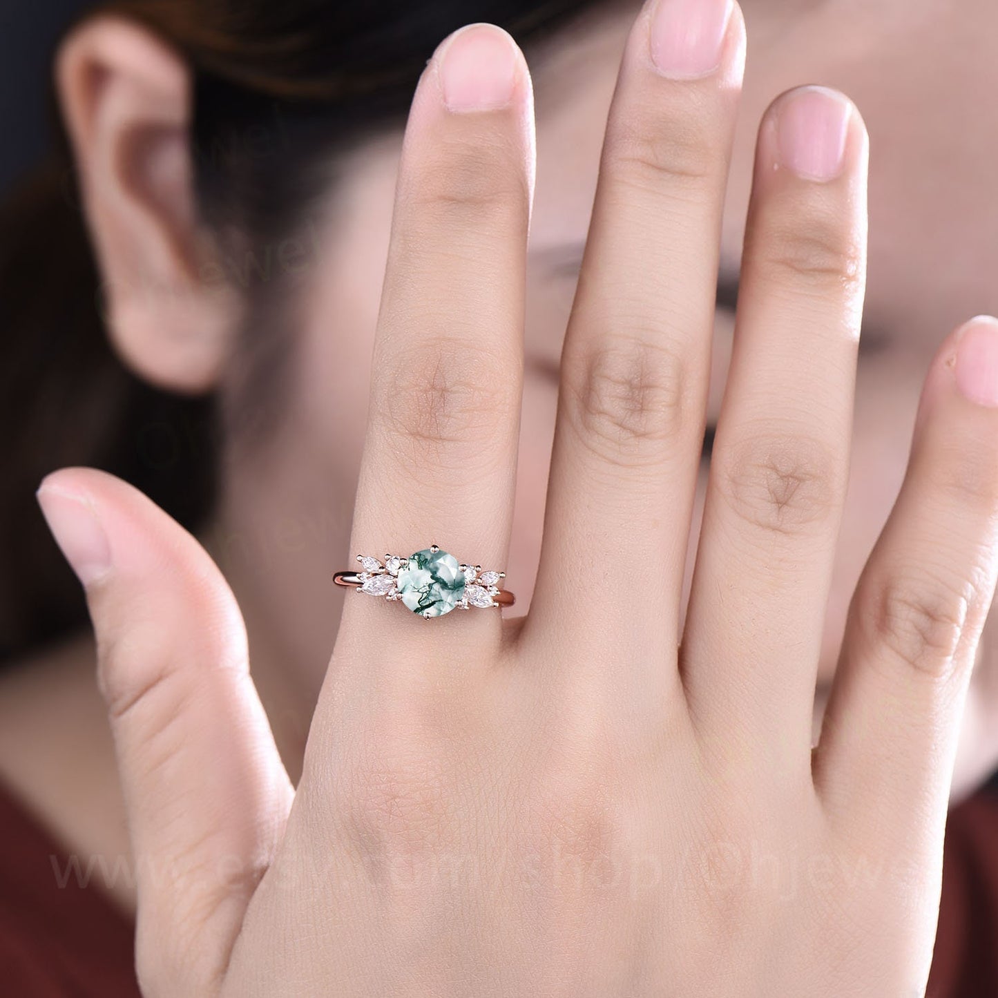 Round cut moss agate ring vintage unique cluster green moss agate engagement ring 14k rose gold marquise cut diamond wedding ring for women