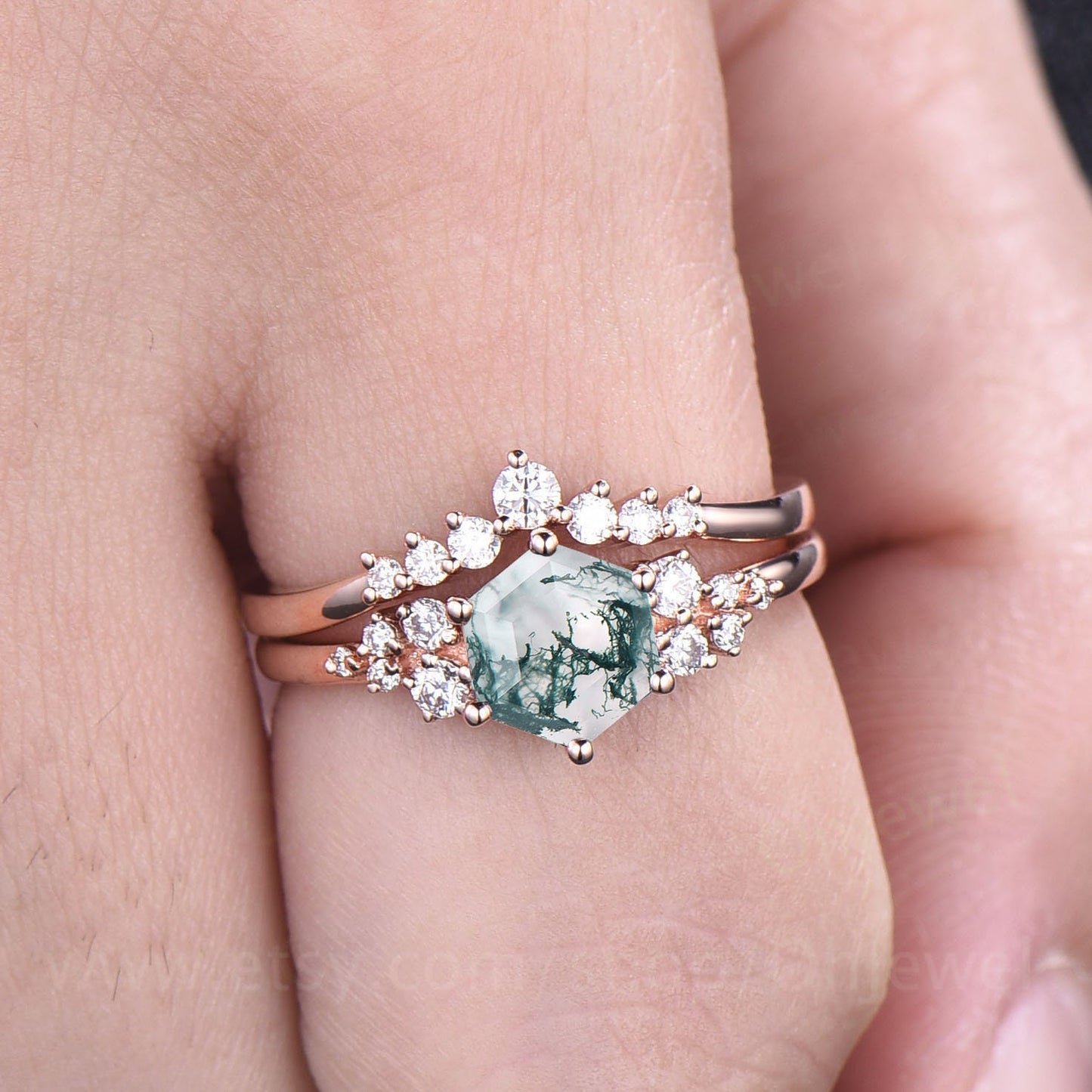 Vintage hexagon moss agate engagement ring 18k rose gold unique cluster snowdrift diamond engagement ring six prong wedding ring for women