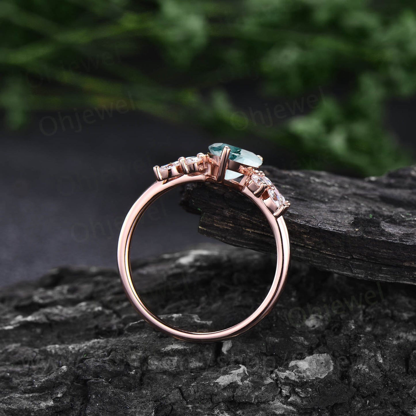 Pear shaped moss agate ring vintage unique cluster green moss agate engagement ring 14k rose gold silver art deco diamond wedding ring women