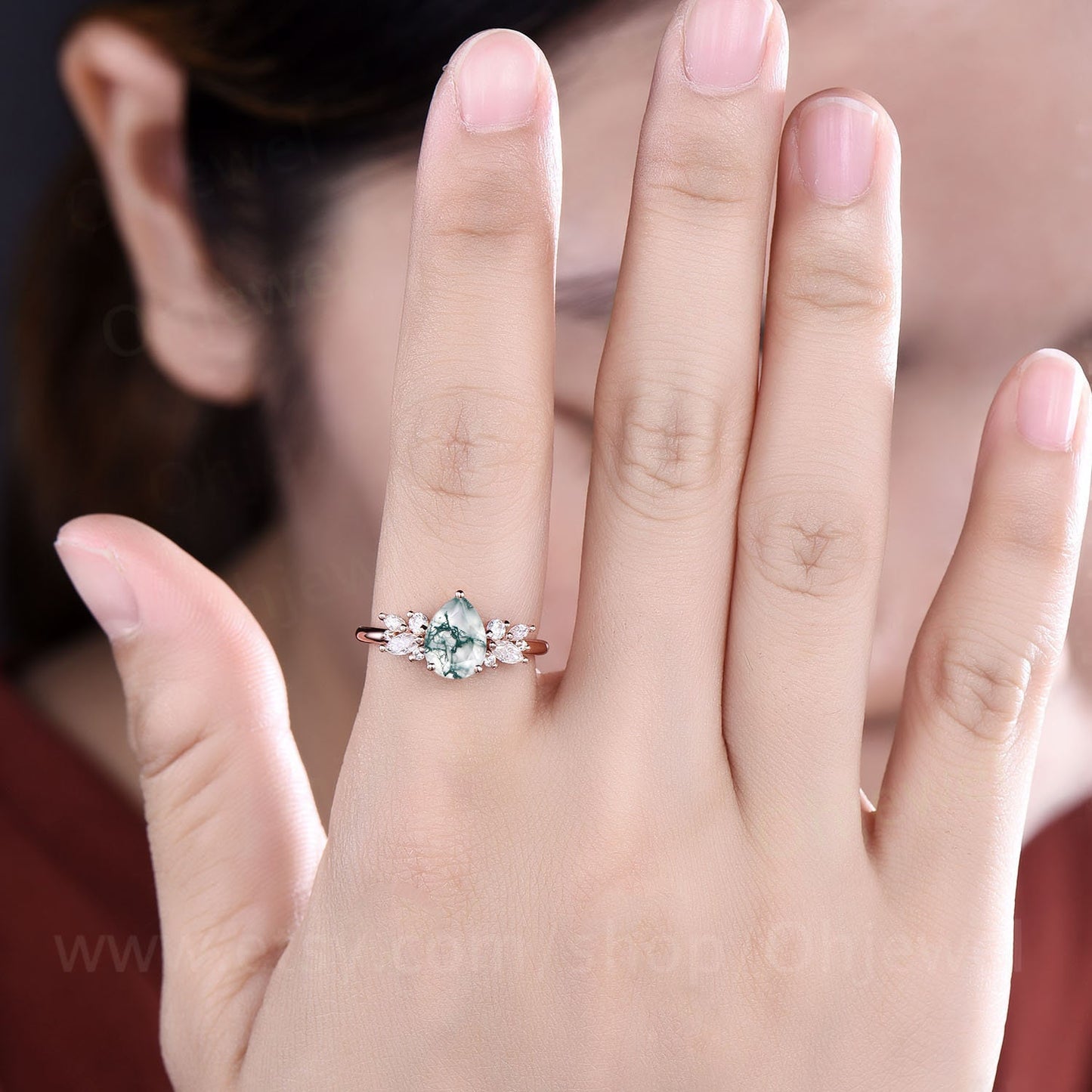 Pear shaped moss agate ring vintage unique cluster green moss agate engagement ring 14k rose gold silver art deco diamond wedding ring women