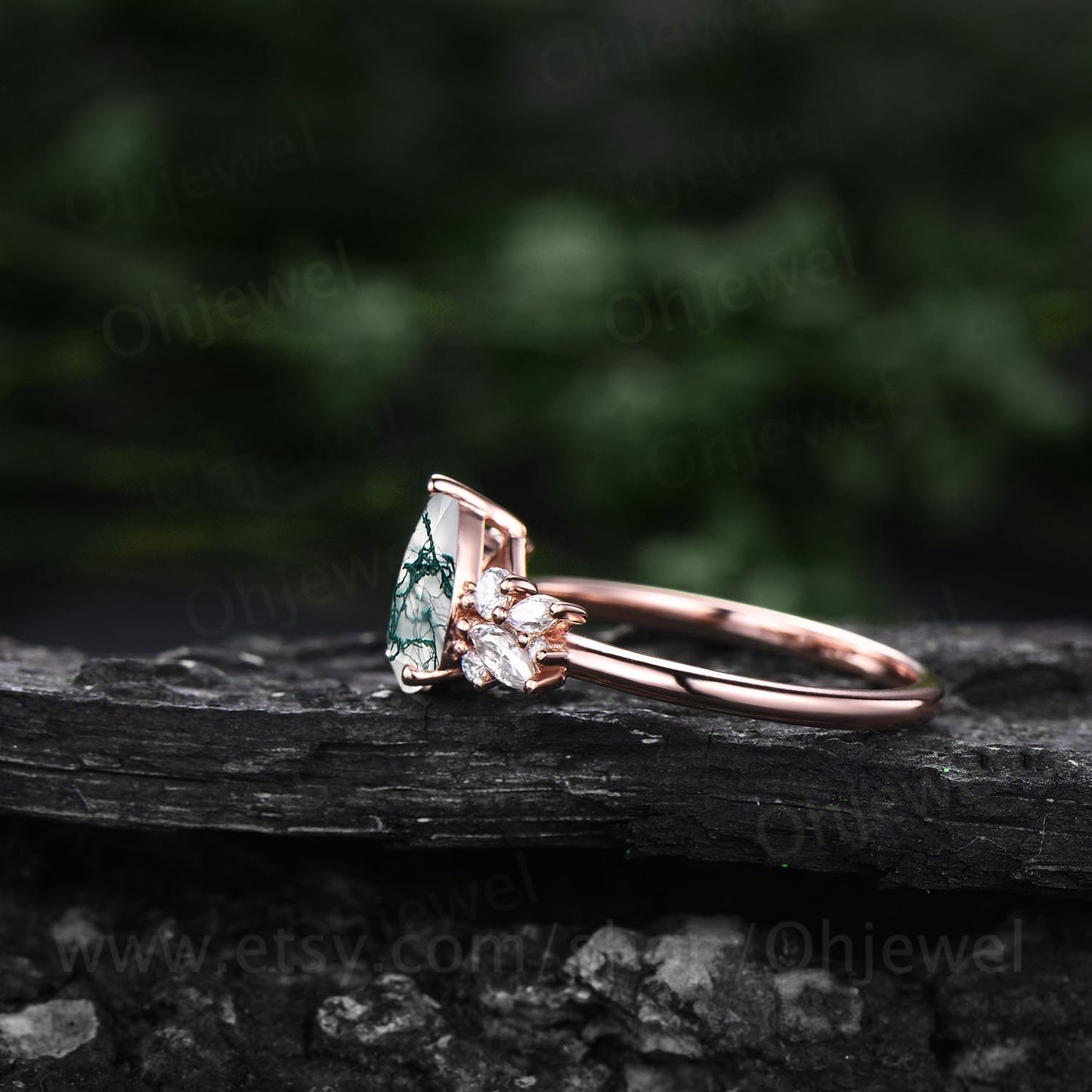 Pear shaped moss agate ring vintage unique cluster green moss agate engagement ring 14k rose gold silver art deco diamond wedding ring women