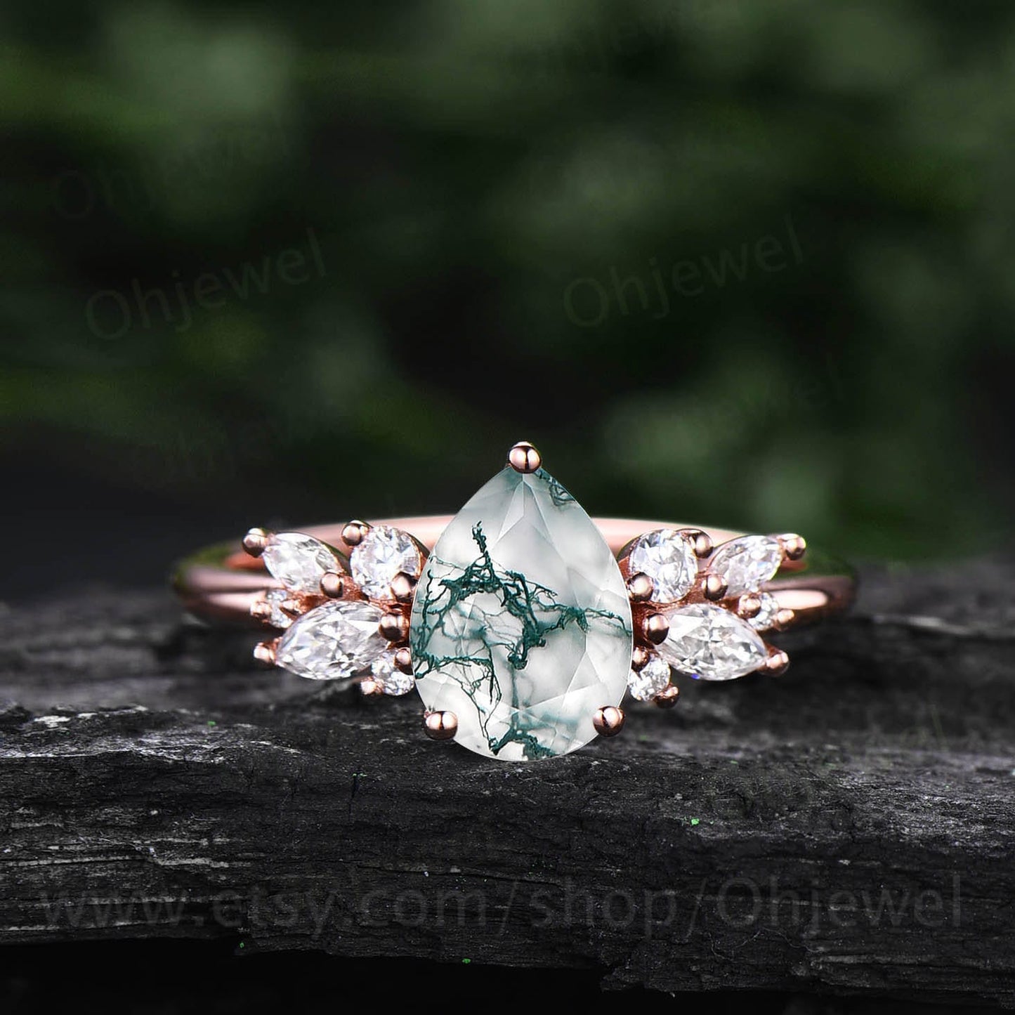 Pear shaped moss agate ring vintage unique cluster green moss agate engagement ring 14k rose gold silver art deco diamond wedding ring women