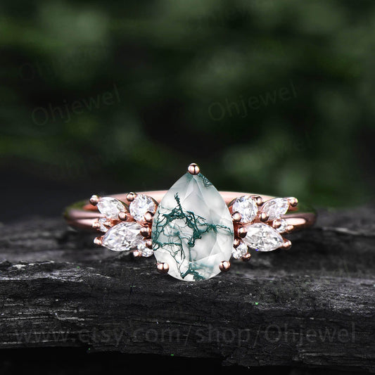 Pear shaped moss agate ring vintage unique cluster green moss agate engagement ring 14k rose gold silver art deco diamond wedding ring women