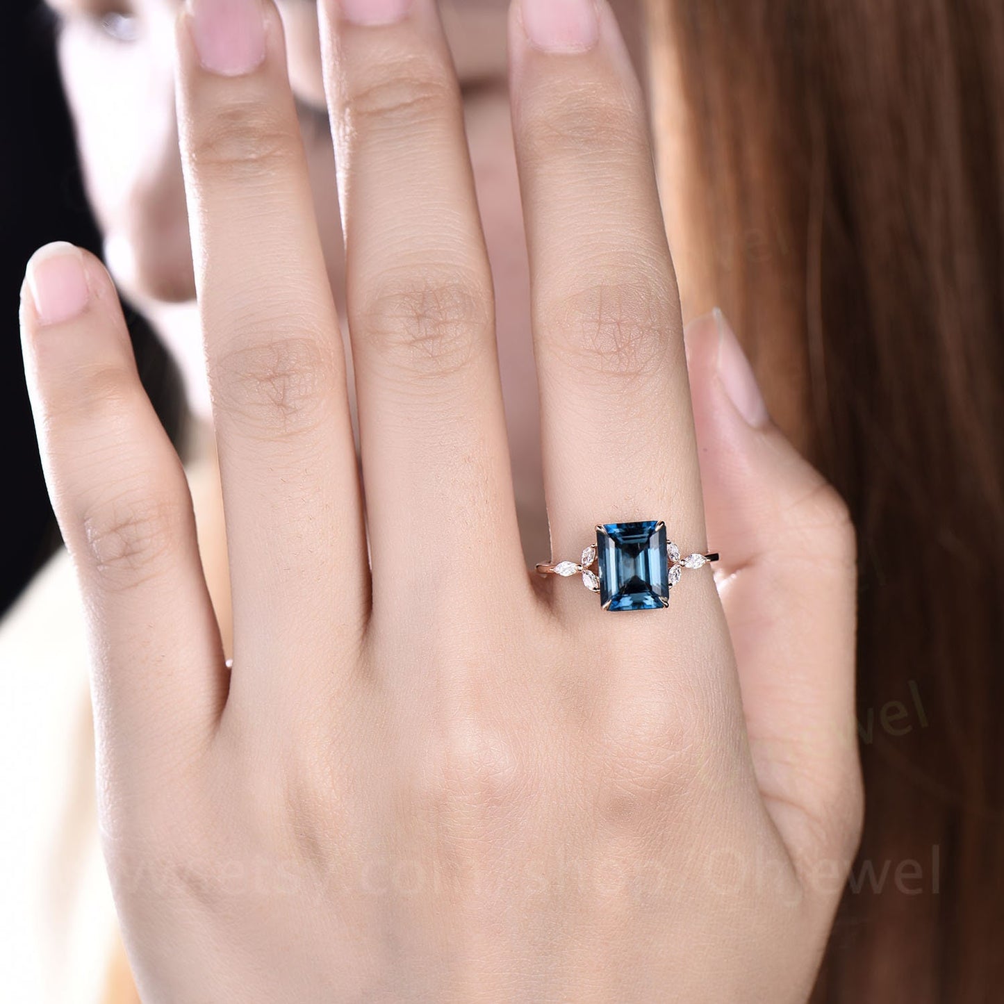 Emerald cut London blue topaz engagement ring rose gold art deco unique engagement ring marquise cut diamond ring promise ring for her gifts