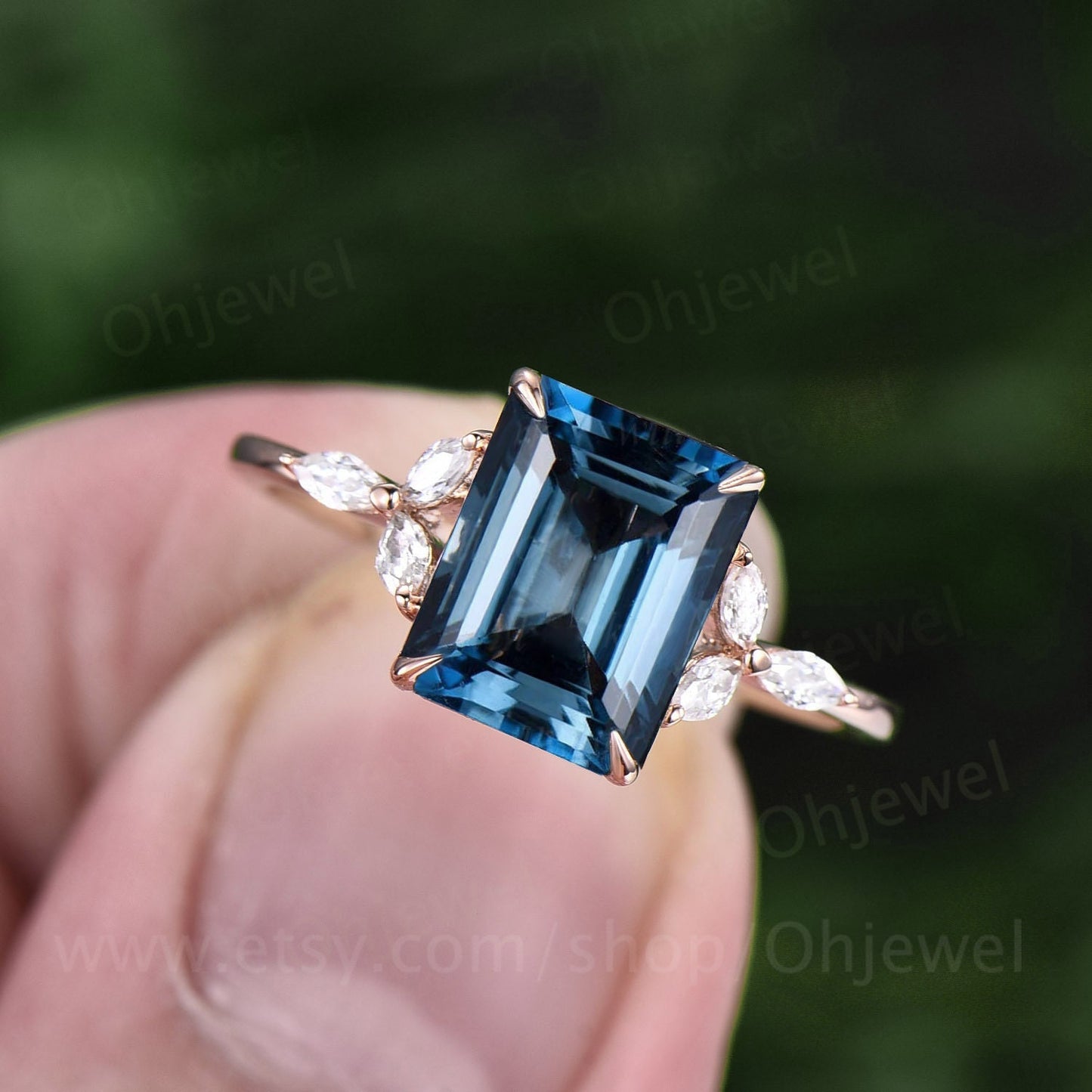 Emerald cut London blue topaz engagement ring rose gold art deco unique engagement ring marquise cut diamond ring promise ring for her gifts