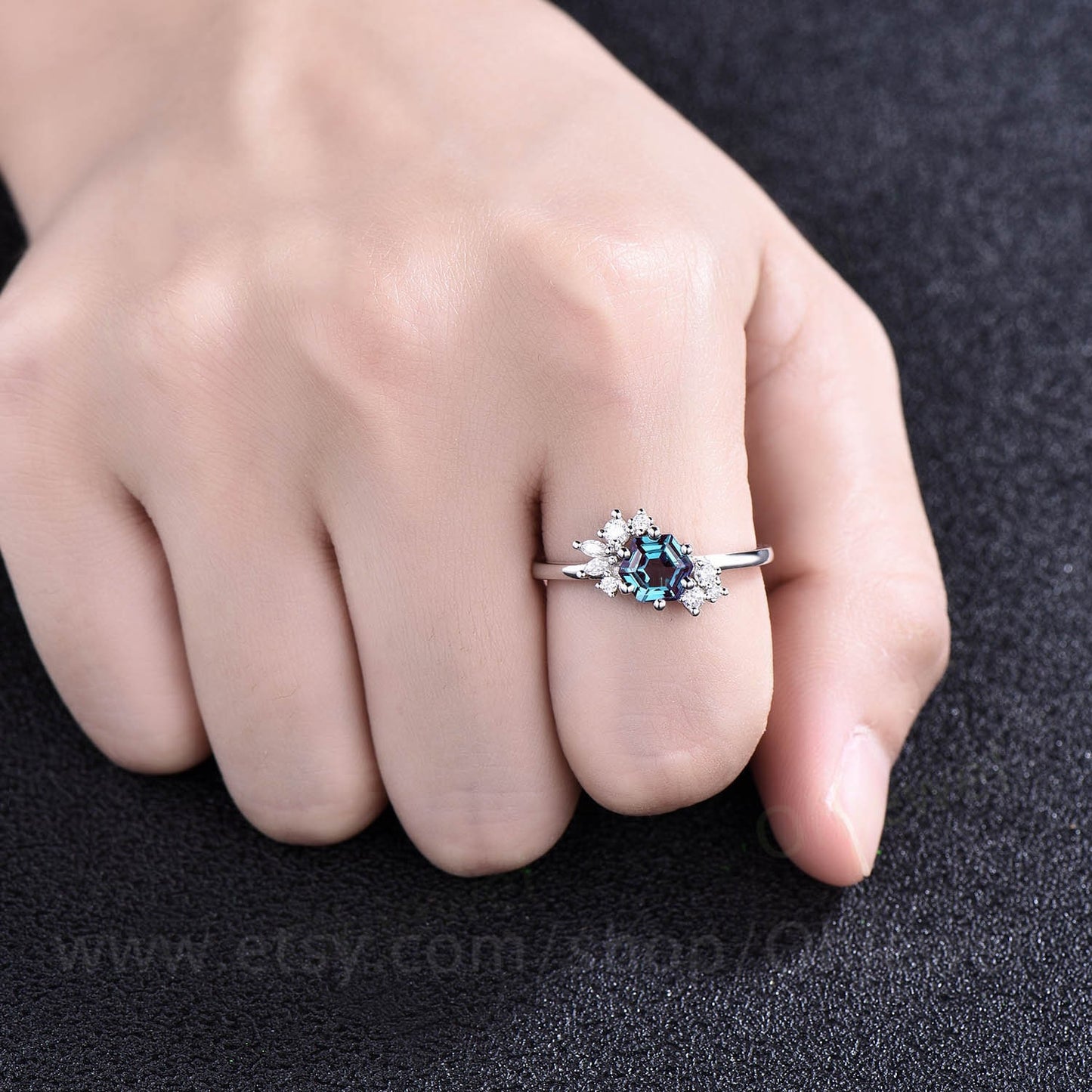 Hexagon cut Alexandrite ring for women vintage unique cluster Alexandrite engagement ring white gold silver art deco moissanite wedding ring
