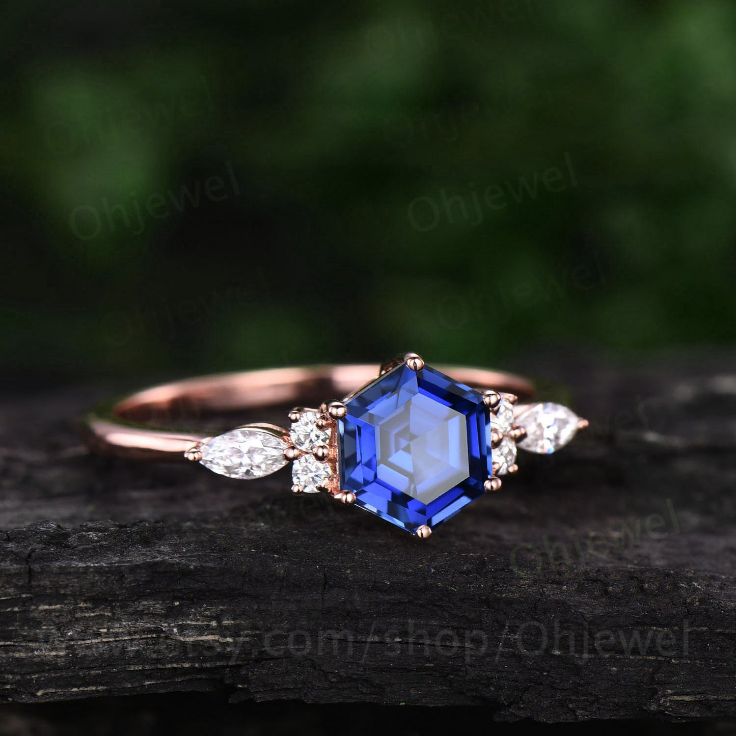 Hexagon cut sapphire ring gold vintage sapphire engagement ring set 14k rose gold art deco unique engagement ring diamond ring set for women