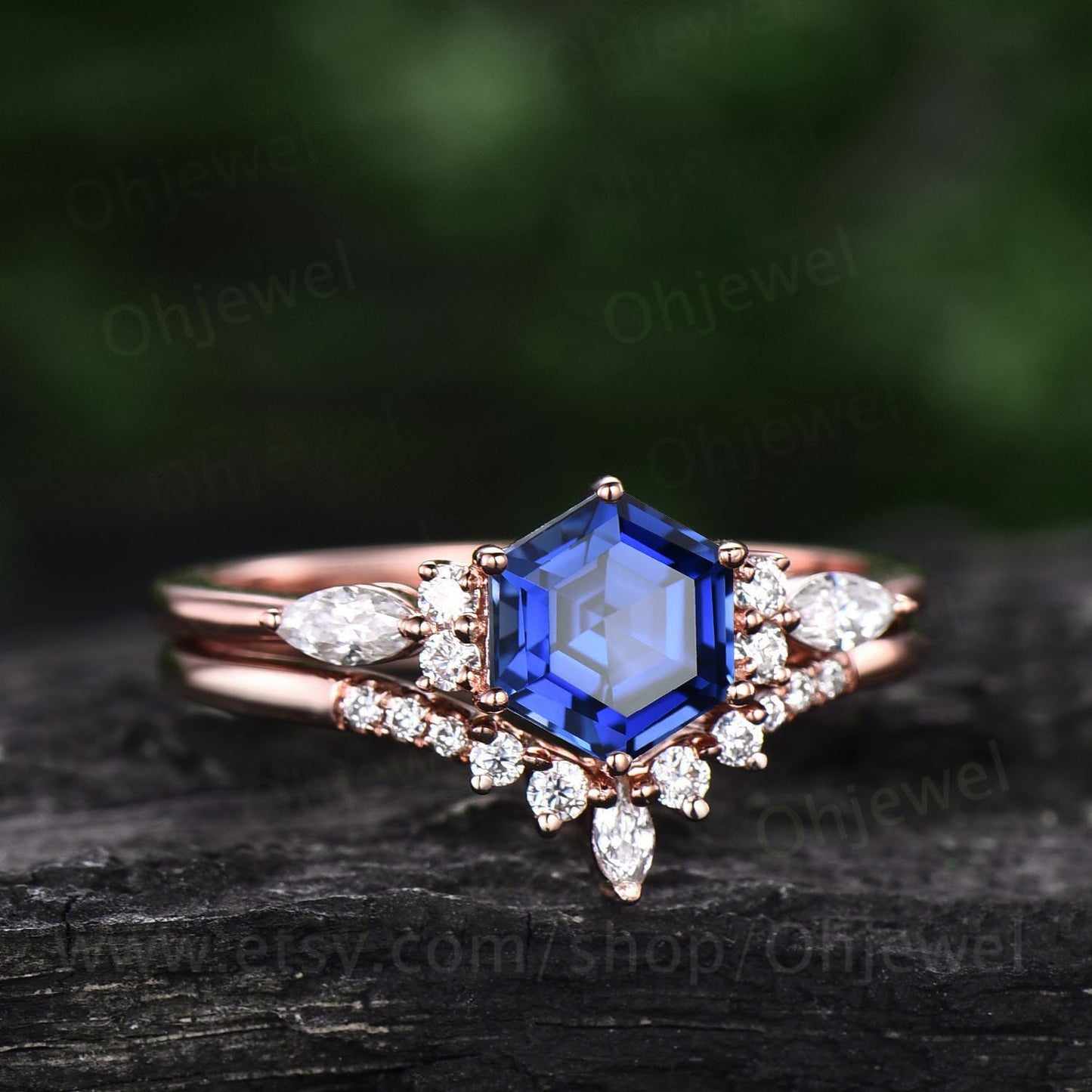 Hexagon cut sapphire ring gold vintage sapphire engagement ring set 14k rose gold art deco unique engagement ring diamond ring set for women