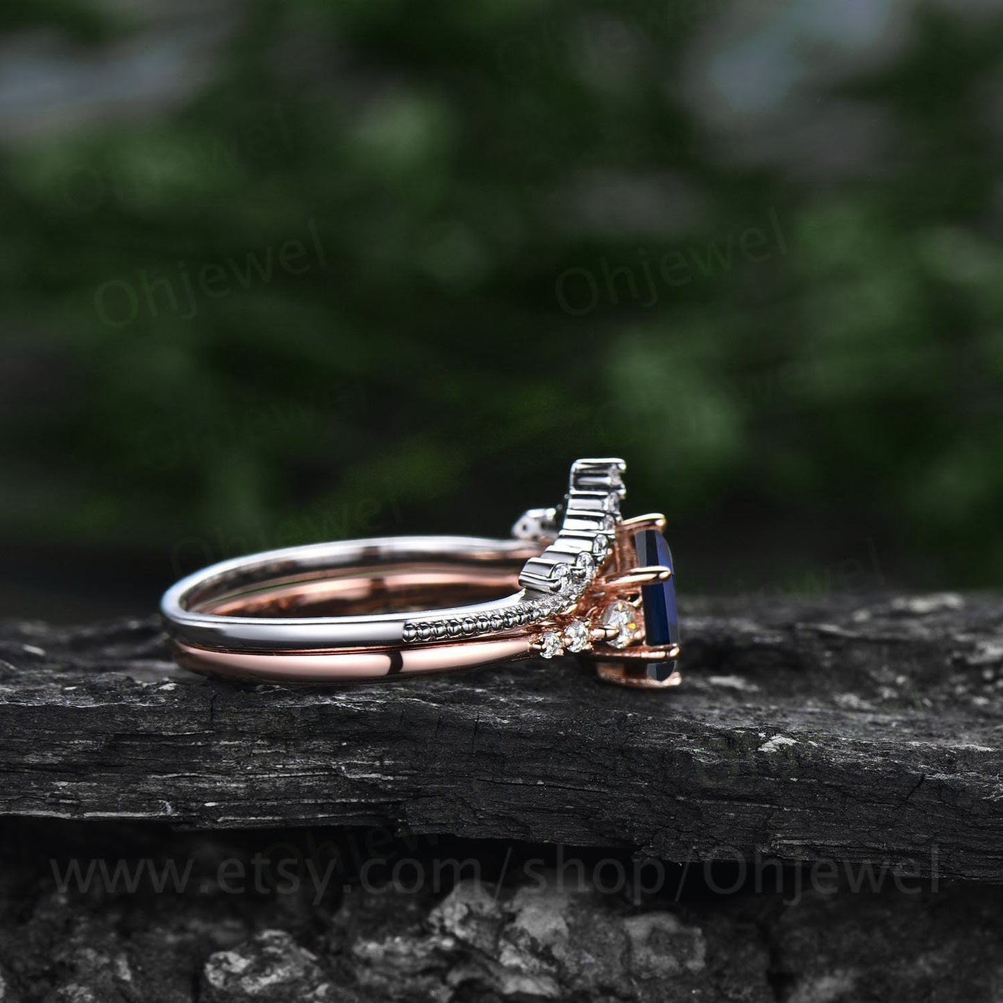 Hexagon cut sapphire ring gold vintage unique blue sapphire engagement ring set 14k rose gold dainty moissanite bridal ring set for women