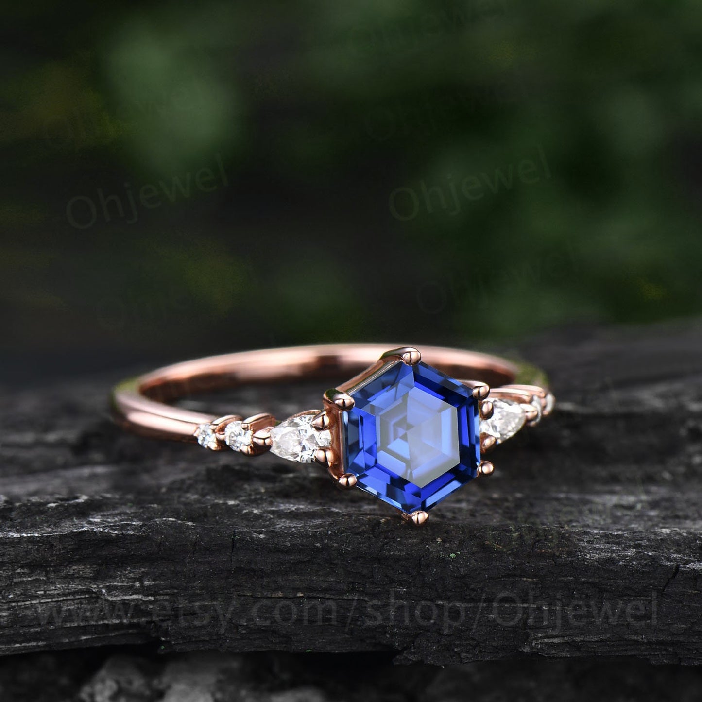 Hexagon cut sapphire ring gold vintage unique blue sapphire engagement ring set 14k rose gold dainty moissanite bridal ring set for women