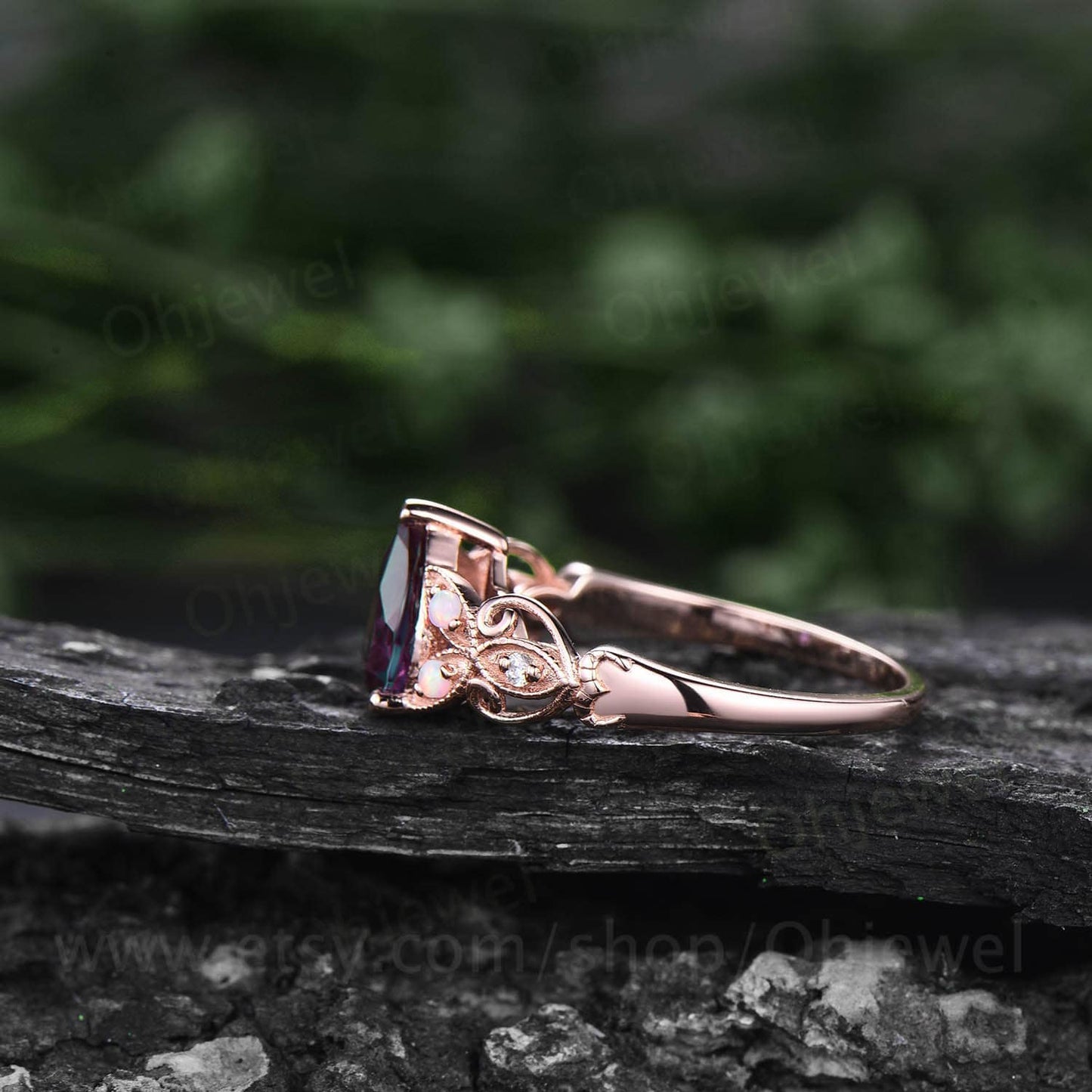Vintage princess cut Alexandrite ring rose gold for women unique alternative Alexandrite engagement ring Butterfly opal diamond wedding ring