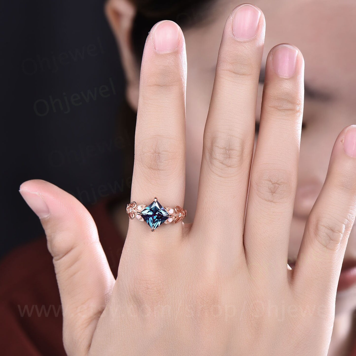 Vintage princess cut Alexandrite ring rose gold for women unique alternative Alexandrite engagement ring Butterfly opal diamond wedding ring