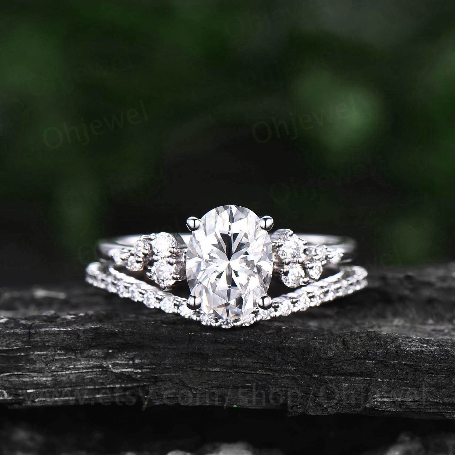 Vintage oval cut moissanite engagement ring set white gold alternative unique snowdrift engagement ring diamond bridal ring set for women