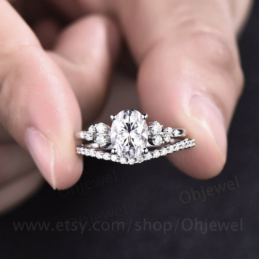 Vintage oval cut moissanite engagement ring set white gold alternative  unique snowdrift engagement ring diamond bridal ring set for women