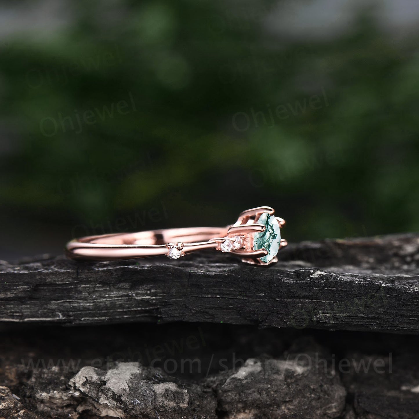 Dainty round cut moss agate ring gold vintage unique green moss agate engagement ring 14k rose gold six prong diamond wedding ring for women