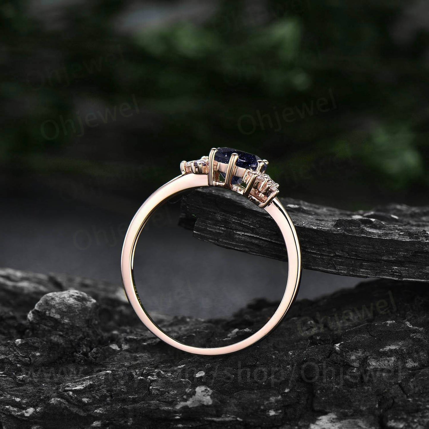 Hexagon cut blue sandstone ring gold silver for women vintage unique cluster blue sandstone engagement ring art deco moissanite wedding ring