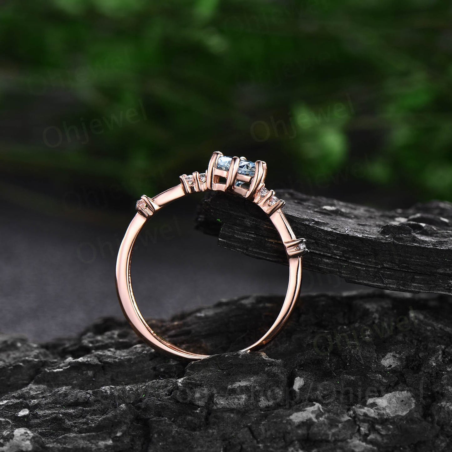 Dainty round cut aquamarine ring gold vintage unique aquamarine engagement ring rose gold six prong 7 stone diamond wedding ring for women