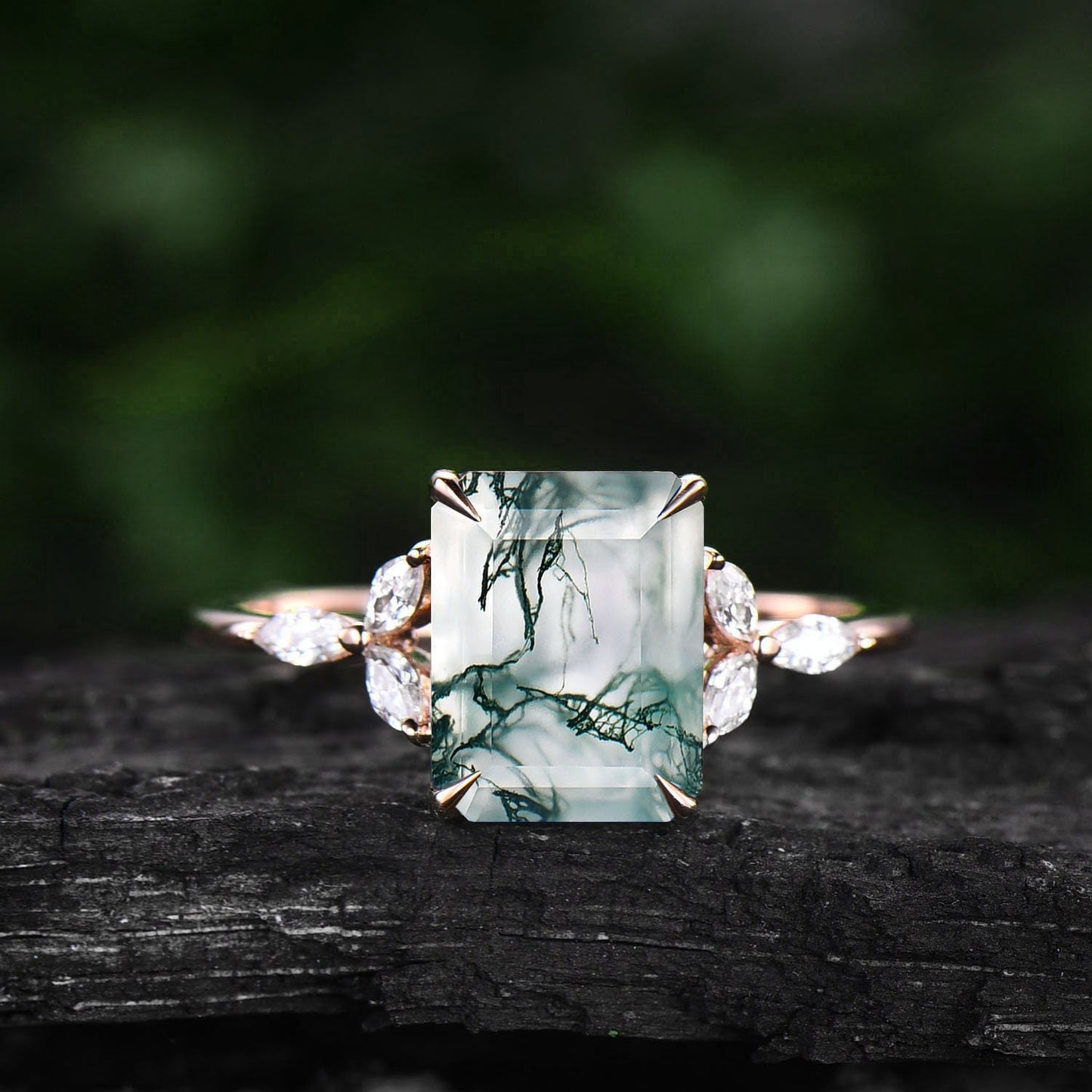 Green moss agate ring vintage moss agate engagement ring rose gold flower unique emerald cut engagement ring art deco moissanite bridal ring