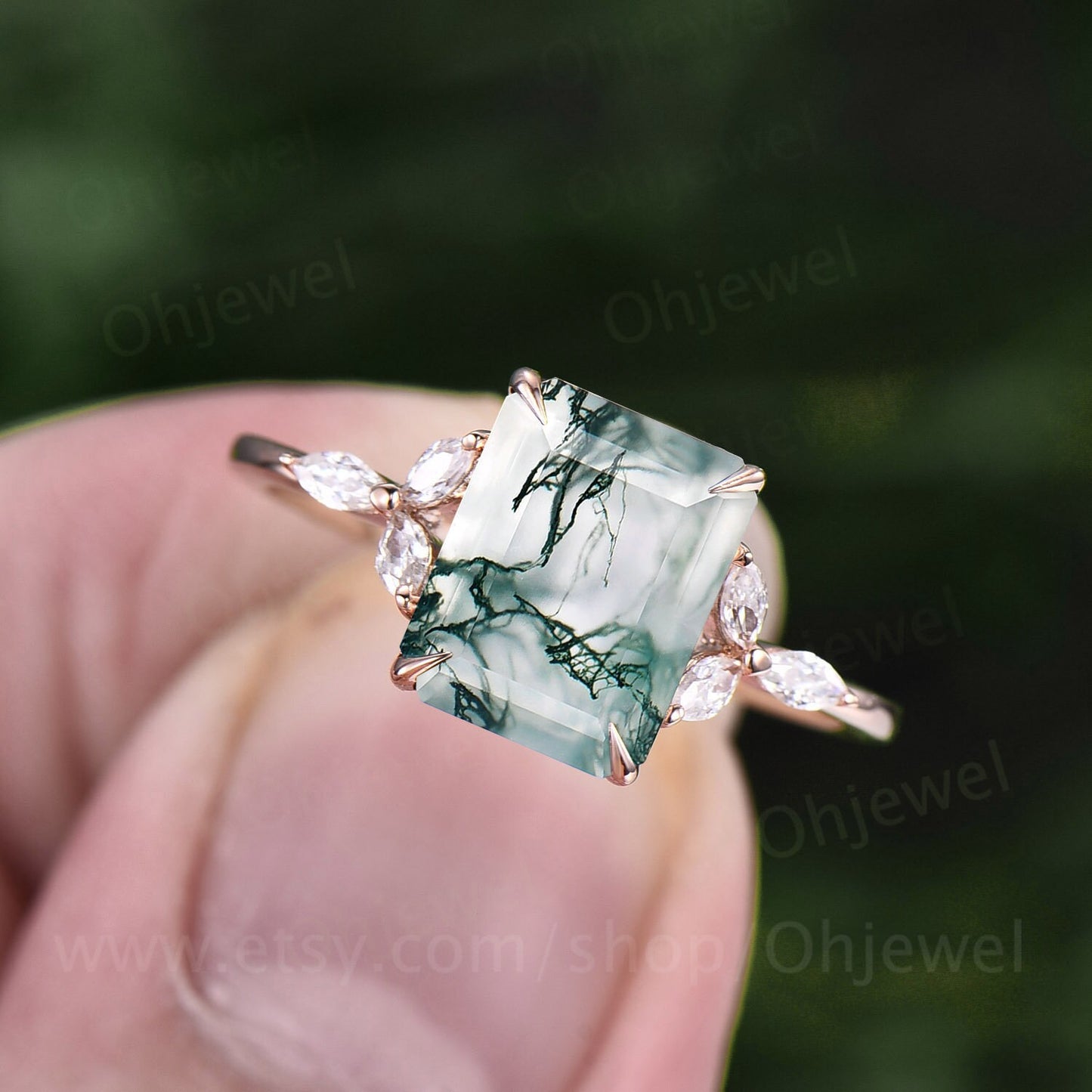 Green moss agate ring vintage moss agate engagement ring rose gold flower unique emerald cut engagement ring art deco moissanite bridal ring