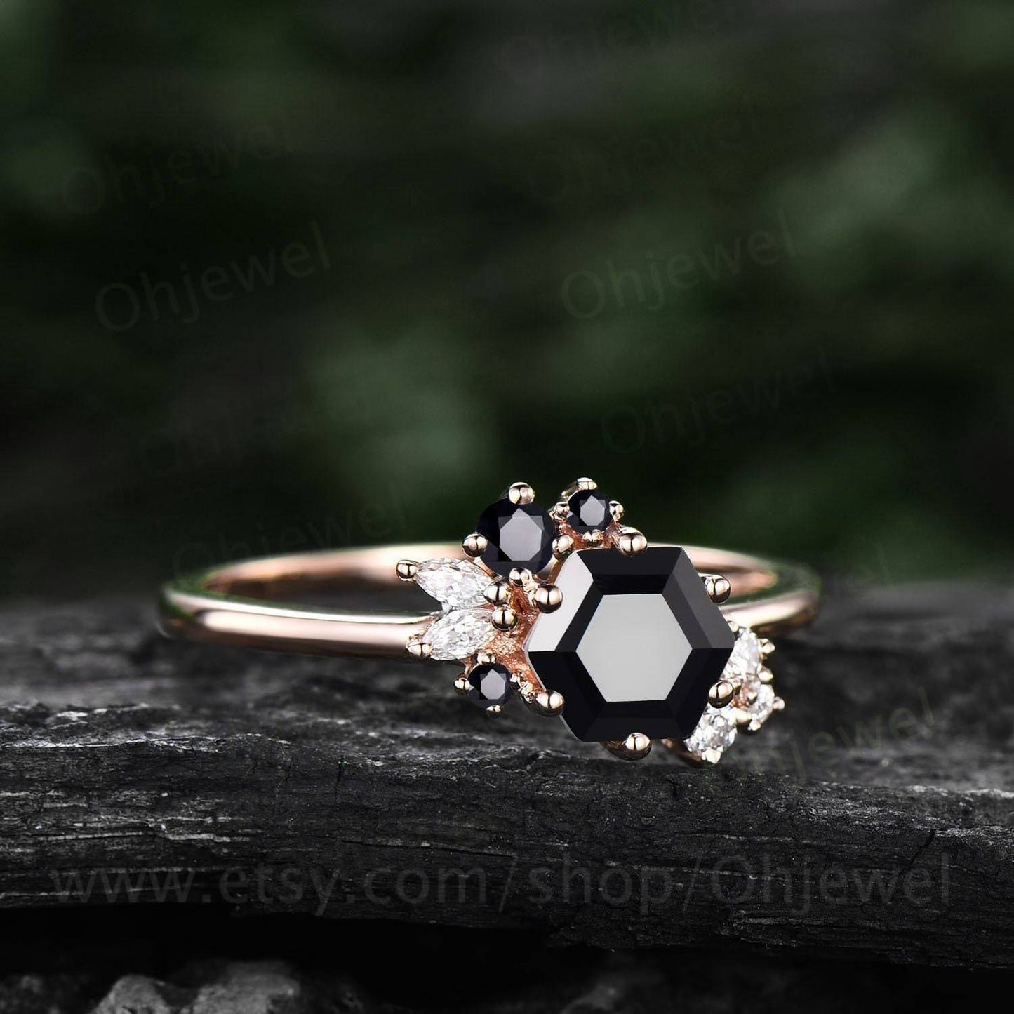 Hexagon cut black onyx ring gold silver for women vintage unique cluster black onyx engagement ring art deco moissanite promise ring gifts
