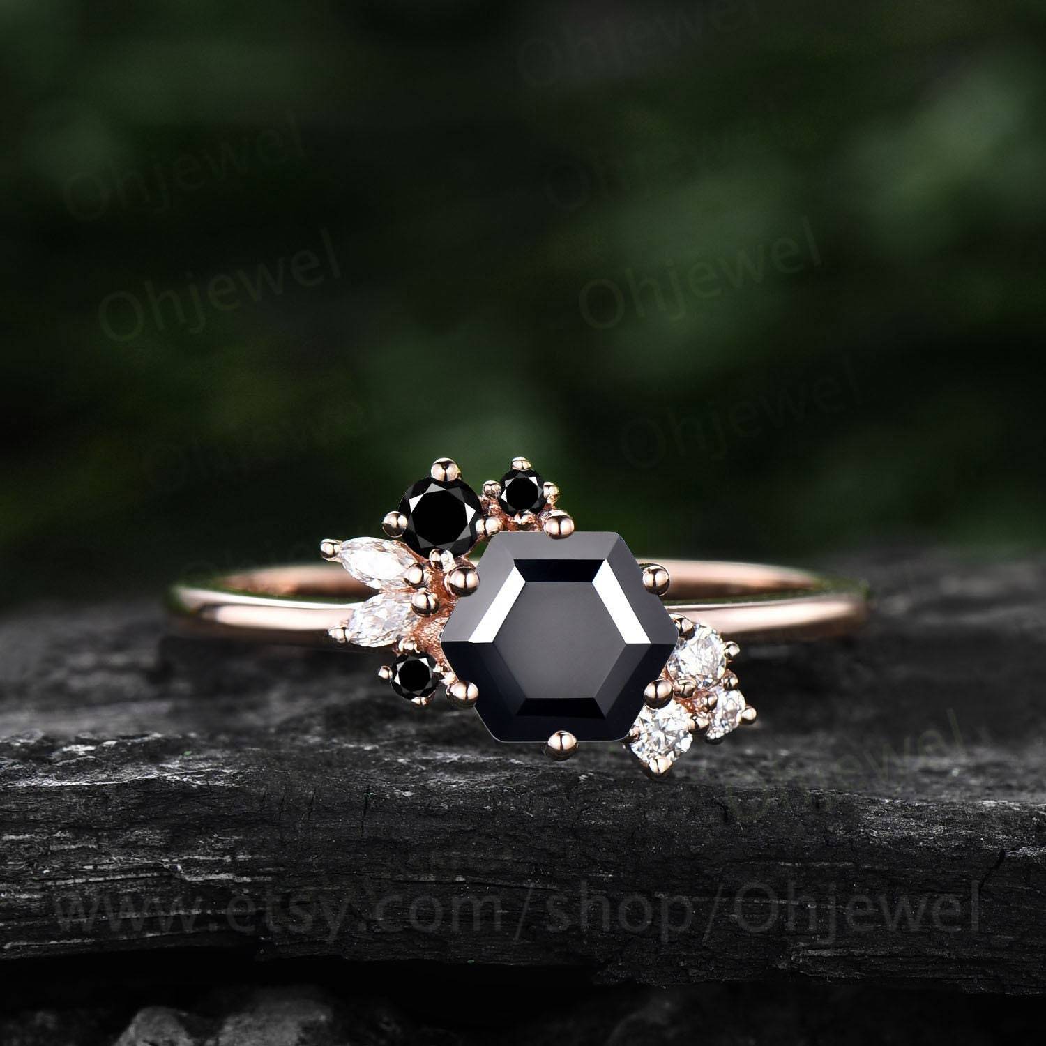 Hexagon cut black onyx ring gold silver for women vintage unique