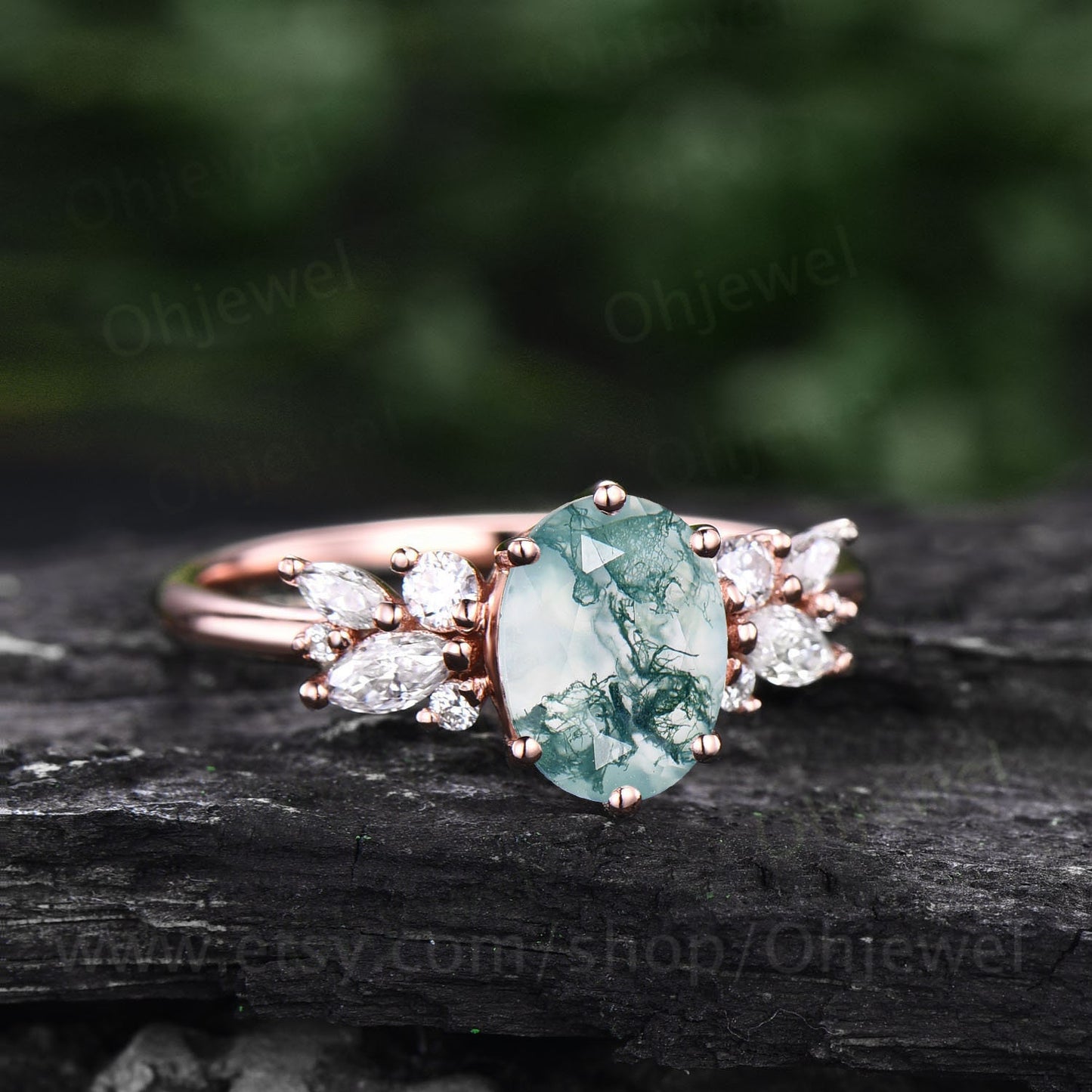 Oval cut moss agate ring gold silver vintage moss agate engagement ring rose gold unique alternative cluster engagement ring diamond ring