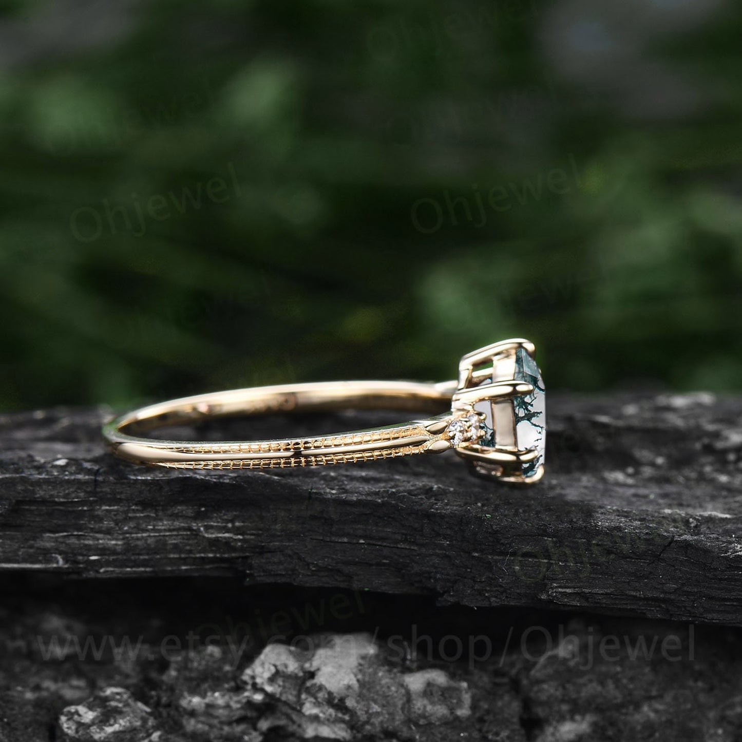Hexagon cut green moss agate ring gold unique moss agate engagement ring five stone six prong ring milgrain diamond wedding ring for women