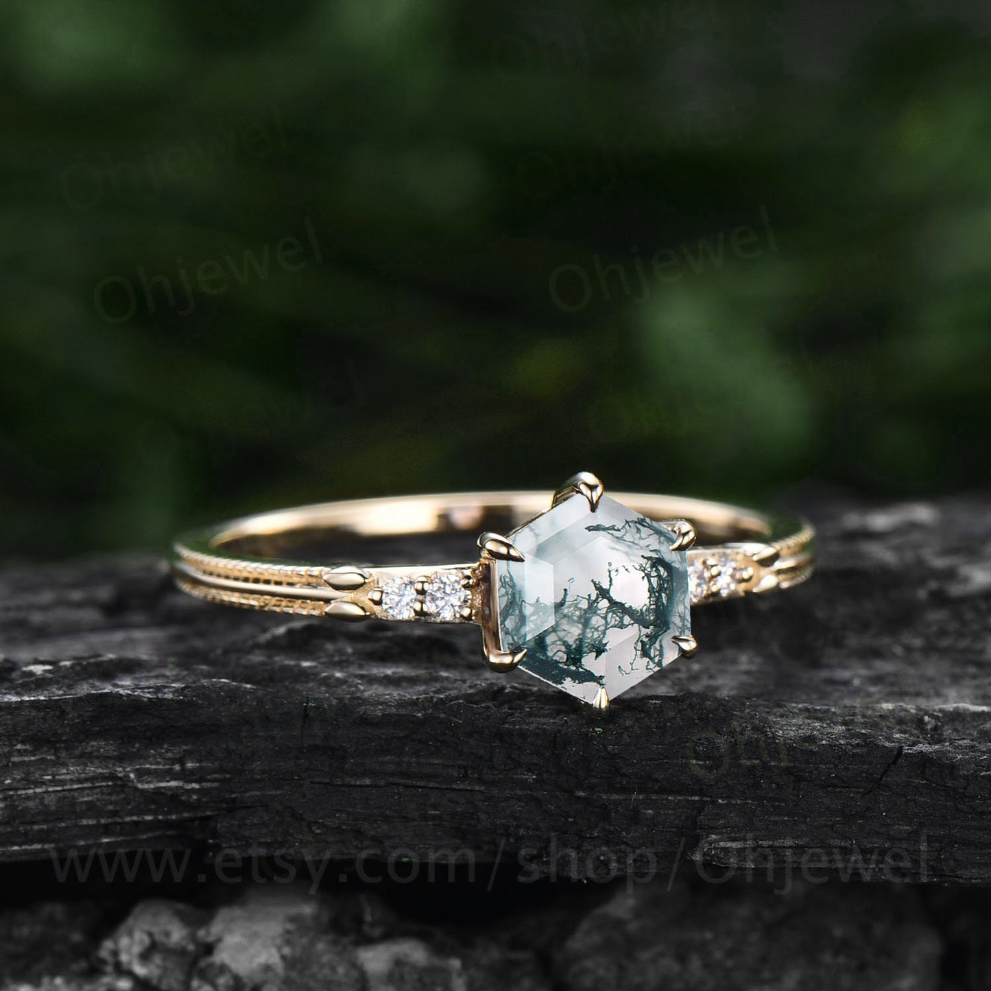 Hexagon cut green moss agate ring gold unique moss agate engagement ring five stone six prong ring milgrain diamond wedding ring for women