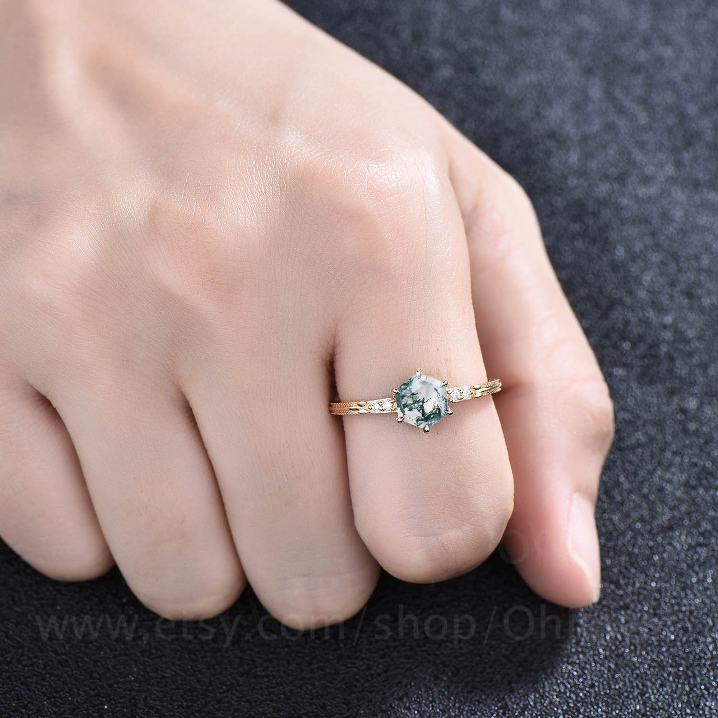 Hexagon cut green moss agate ring gold unique moss agate engagement ring five stone six prong ring milgrain diamond wedding ring for women