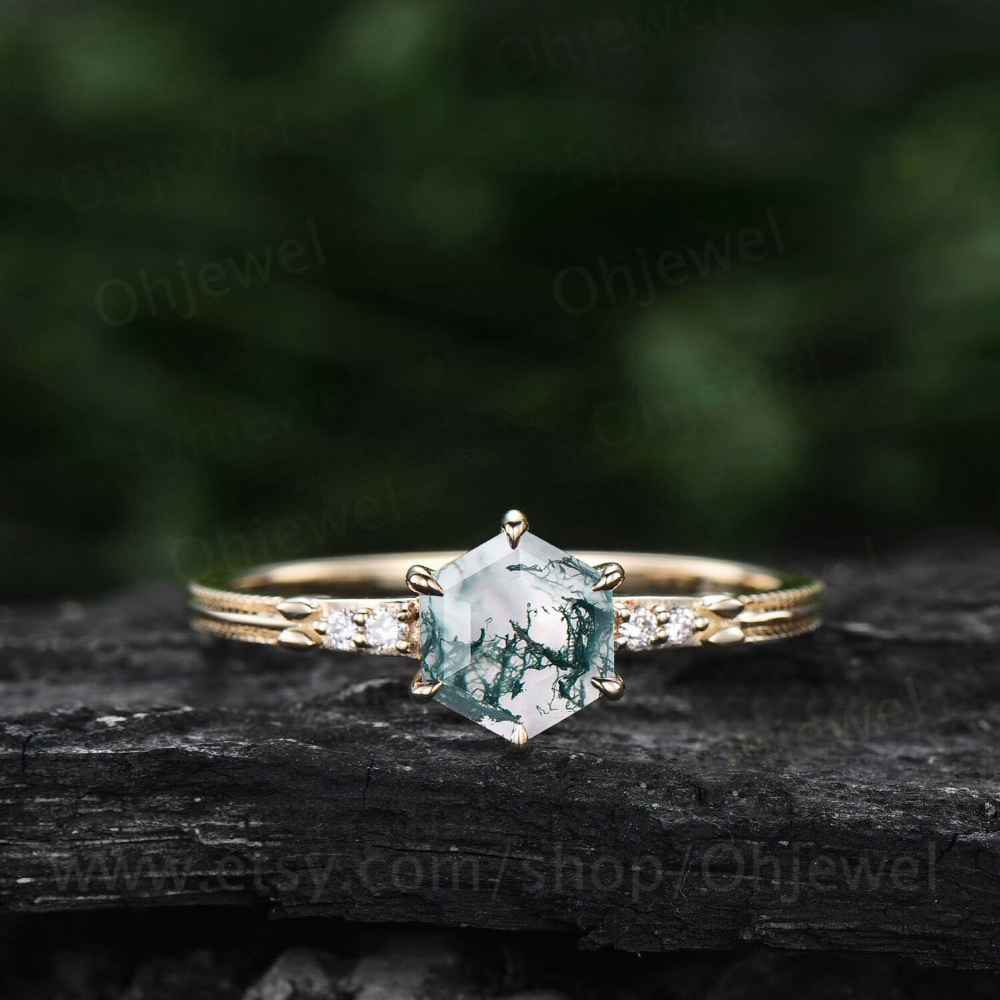 Hexagon cut green moss agate ring gold unique moss agate engagement ring five stone six prong ring milgrain diamond wedding ring for women