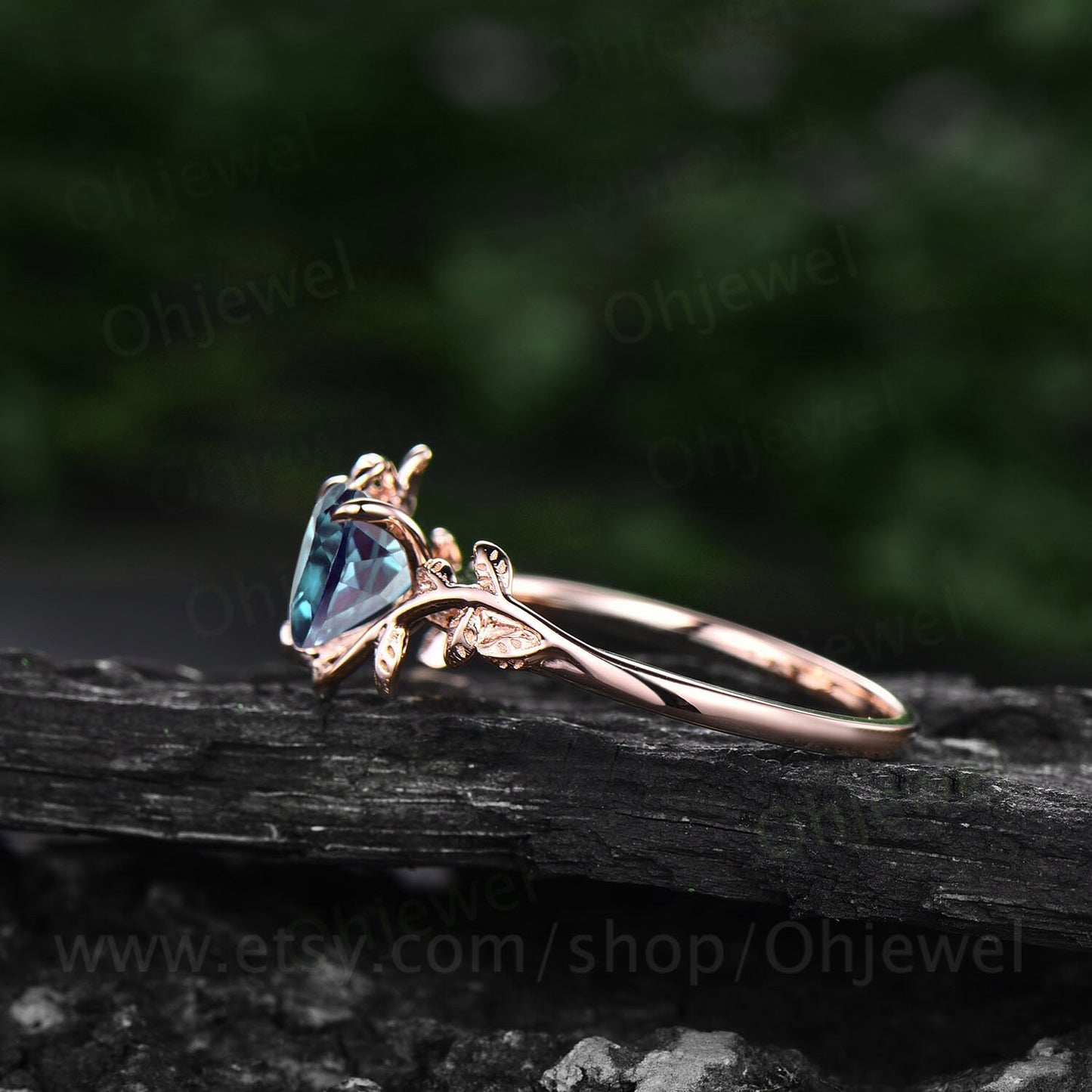 Twig Heart shaped Alexandrite engagement ring rose gold leaf nature inspired branches ring Twisted anniversary wedding ring for women gift