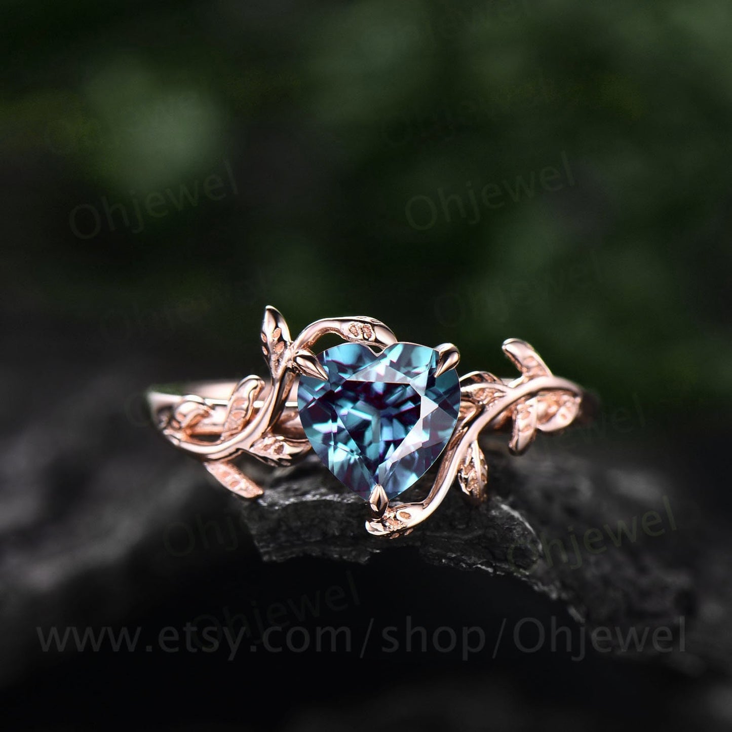 Twig Heart shaped Alexandrite engagement ring rose gold leaf nature inspired branches ring Twisted anniversary wedding ring for women gift