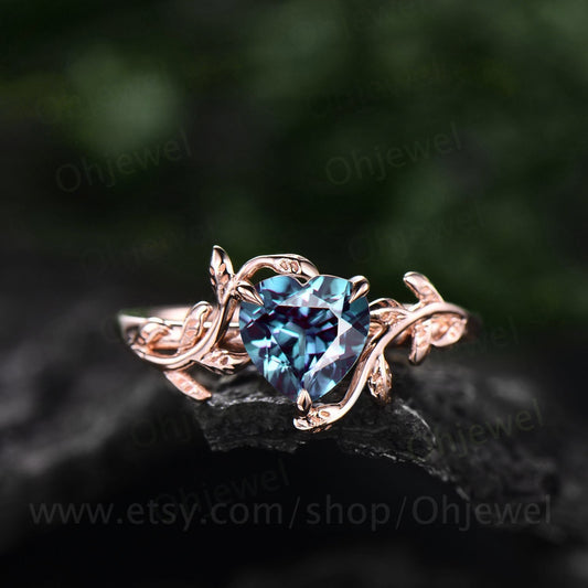Twig Heart shaped Alexandrite engagement ring rose gold leaf nature inspired branches ring Twisted anniversary wedding ring for women gift