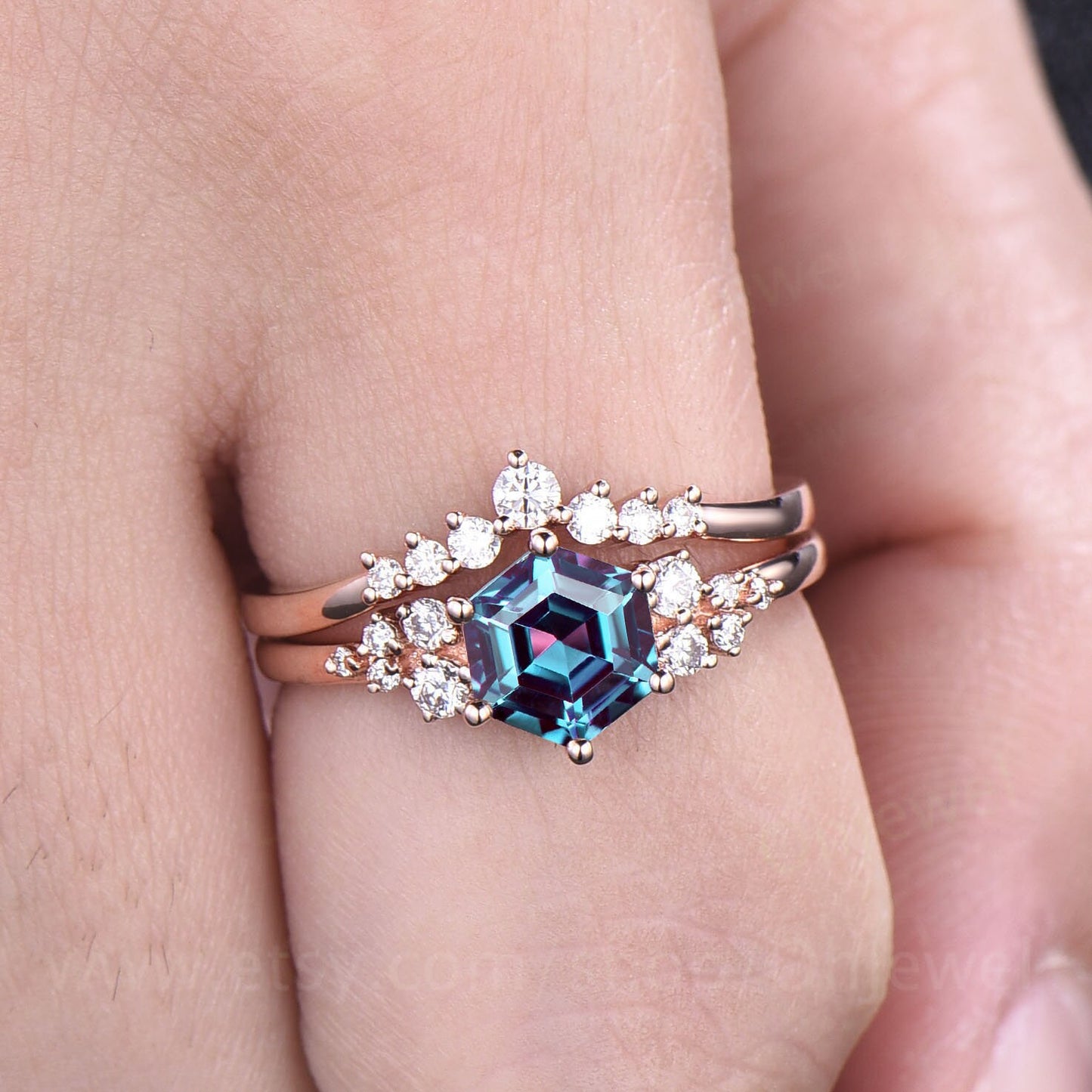Vintage hexagon cut Alexandrite engagement ring rose gold unique cluster snowdrift diamond engagement ring six prong wedding ring for women