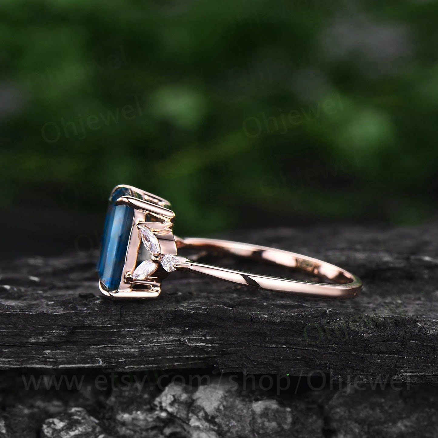 Emerald cut London blue topaz engagement ring rose gold art deco unique engagement ring marquise cut diamond ring promise ring for her gifts