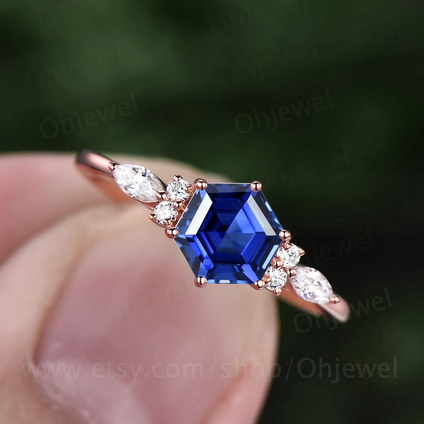 Hexagon cut sapphire ring gold vintage sapphire engagement ring set 14k rose gold art deco unique engagement ring diamond ring set for women