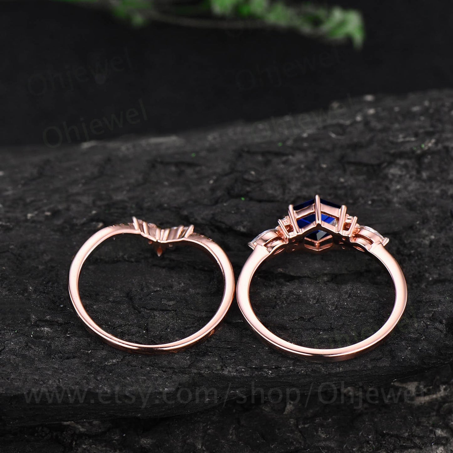Hexagon cut sapphire ring gold vintage sapphire engagement ring set 14k rose gold art deco unique engagement ring diamond ring set for women