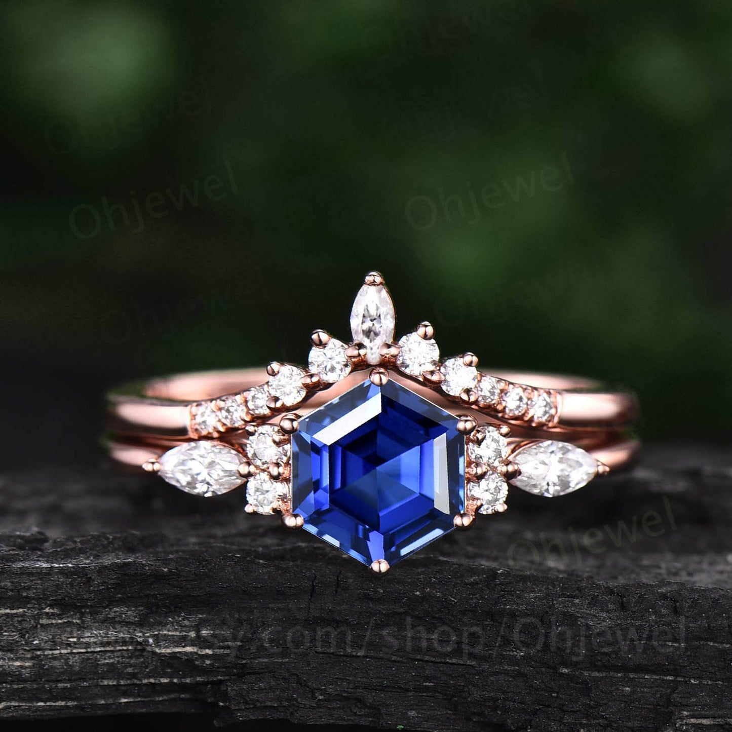 Hexagon cut sapphire ring gold vintage sapphire engagement ring set 14k rose gold art deco unique engagement ring diamond ring set for women