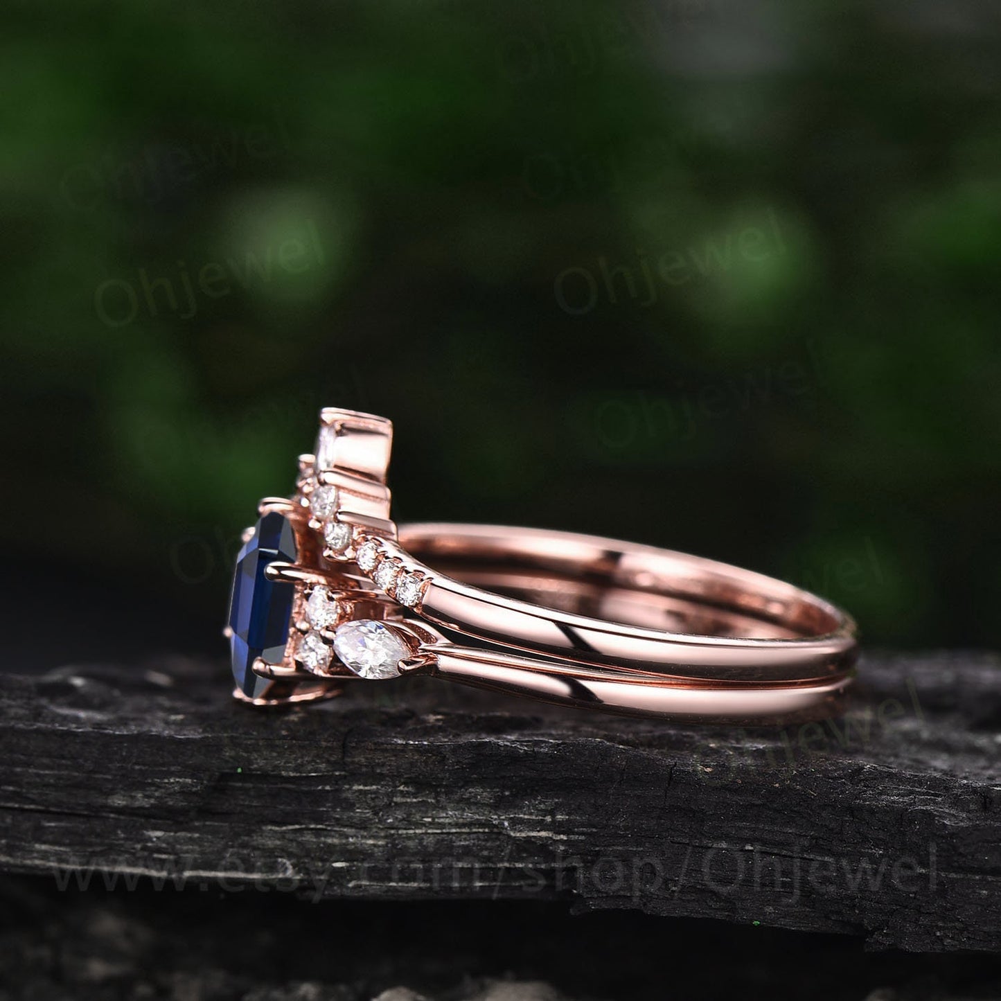 Hexagon cut sapphire ring gold vintage sapphire engagement ring set 14k rose gold art deco unique engagement ring diamond ring set for women